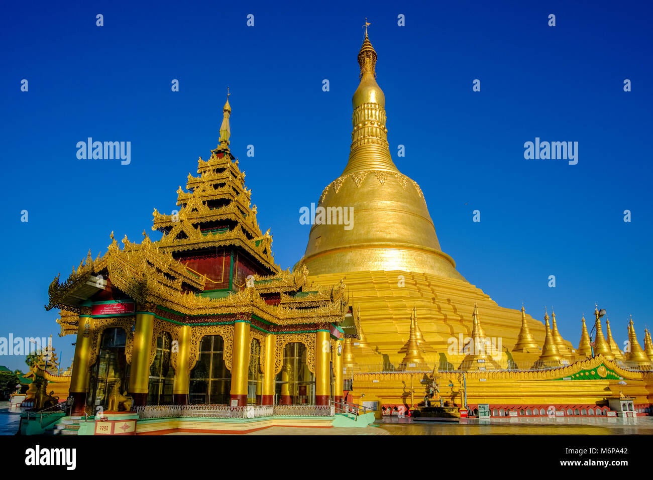 The golden Shwemawdaw Pagoda, the Golden God Temple, is the tallest pagoda in the country Stock Photo