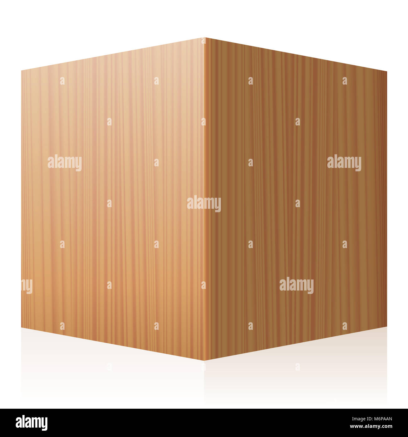 Solid wooden cube. Perspective illustration of a single polished, varnished wood textured dice with - three-dimensional isolated vector on white back Stock Photo