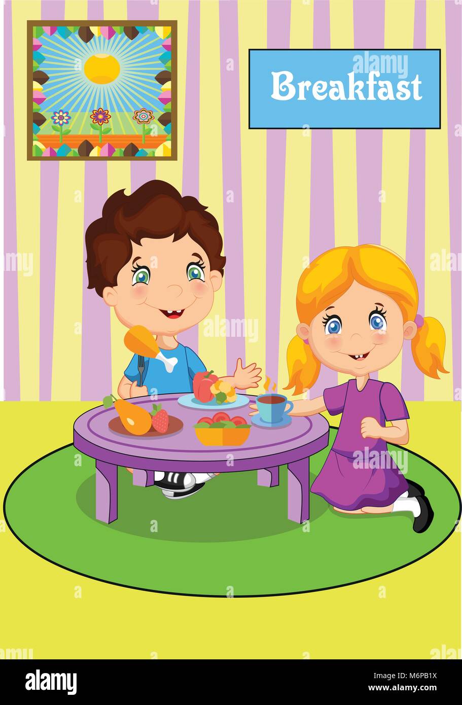 Cute little boy and girl having breakfast. Vector Illustration Stock Vector