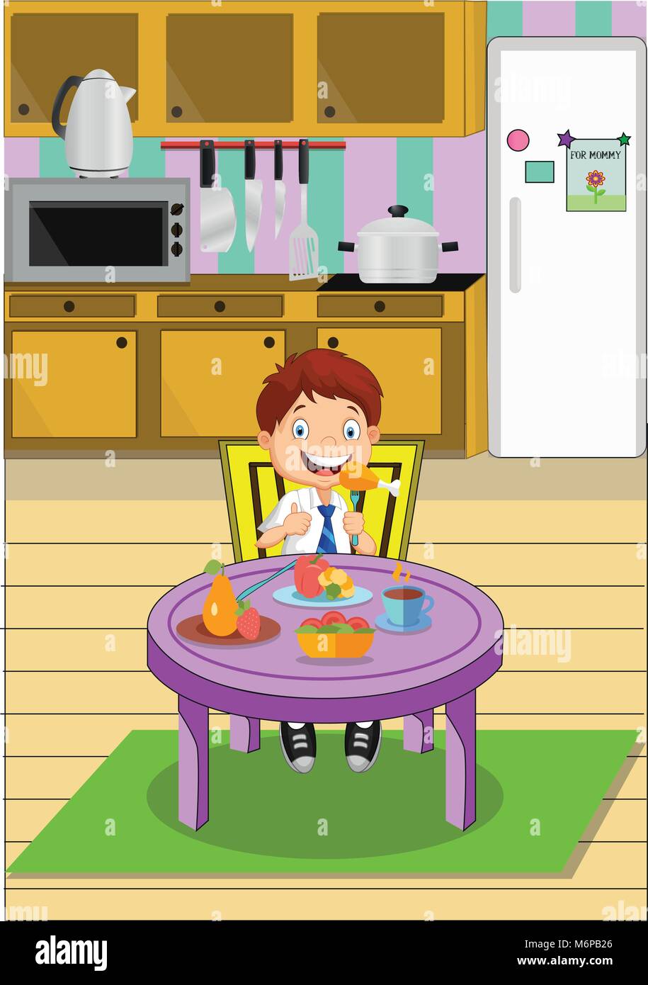 Cartoon school boy eating lunch sitting at the table on   Illustration Stock Vector Image & Art - Alamy