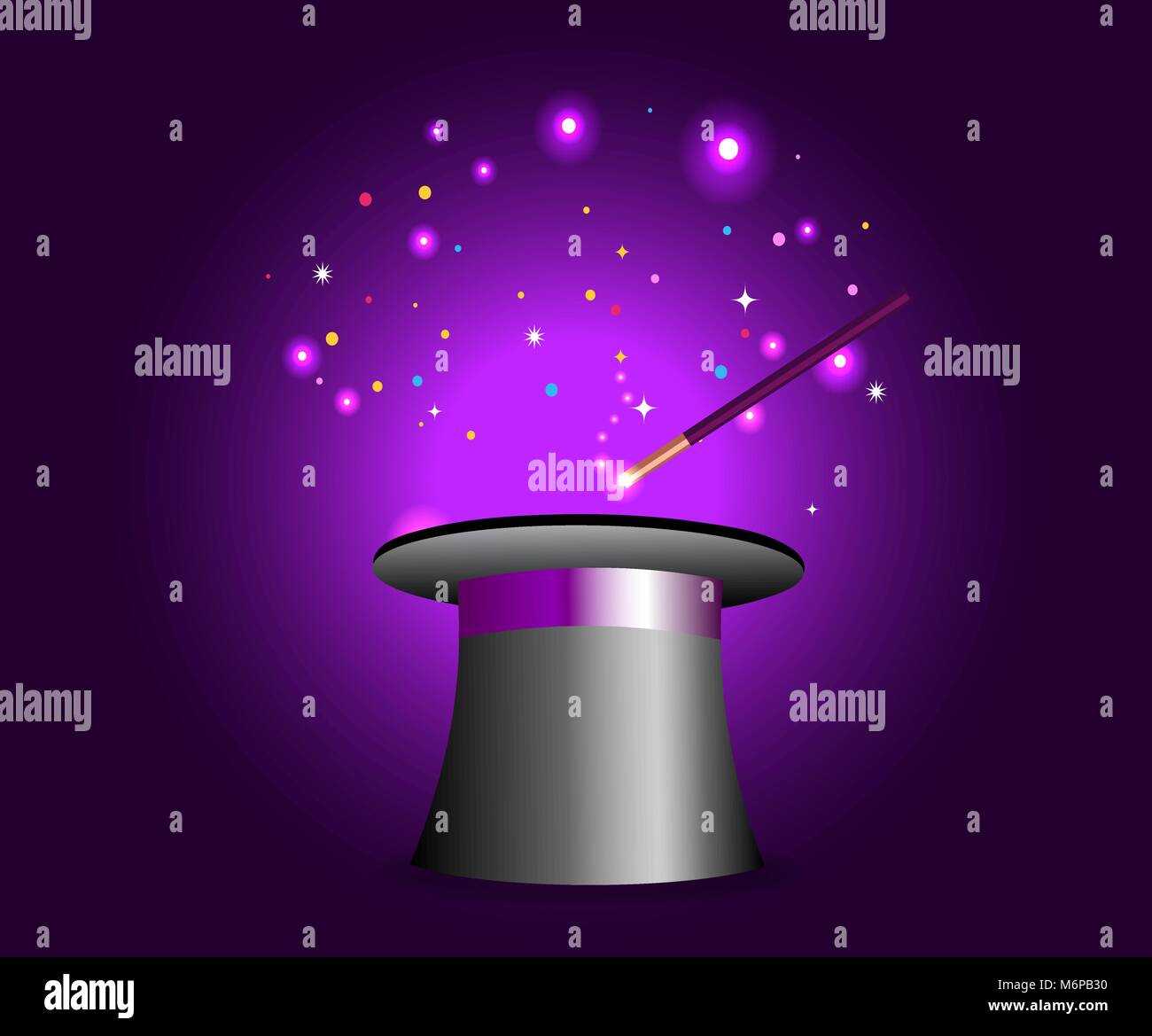 Magic hat with wand on violet mysterious background with sparkling lights. Vector magician perfomance. Wizzard illusionist show. Vector illustration. Stock Vector