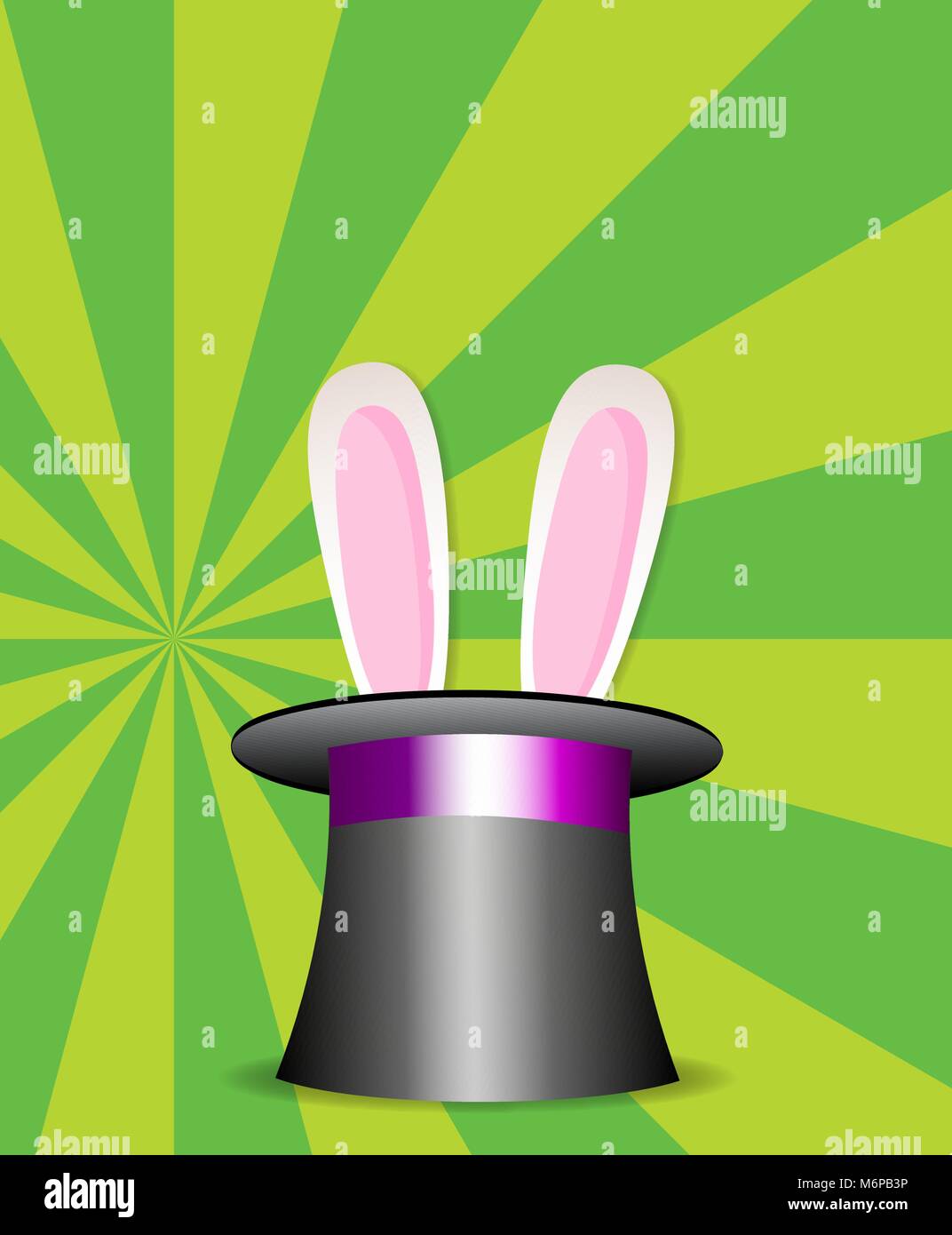 Rabbit ears appear from the magic cylinder hat  on vibrant colorful green and yellow sunburst pattern background. Vector Illustration. Stock Vector