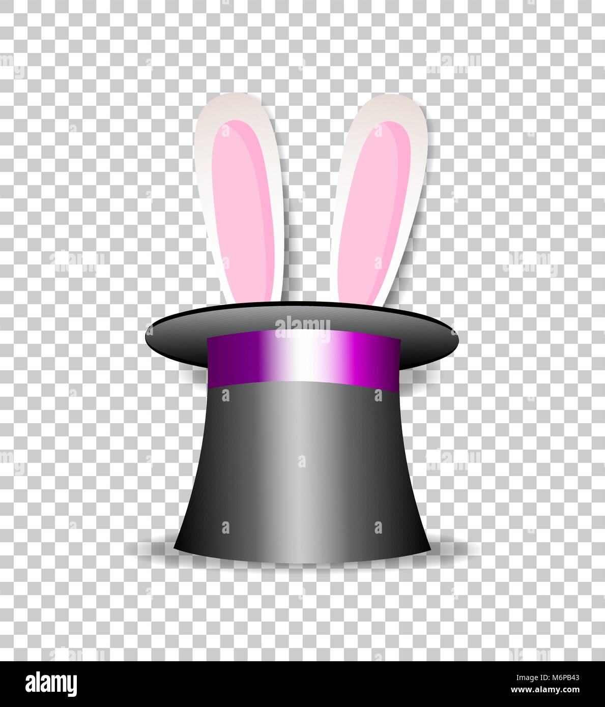 Cute cartoon pink and white rabbit ears appear from magician cylinder hat isolated on transparent background. Top hat with bunny. Vector illustration, Stock Vector