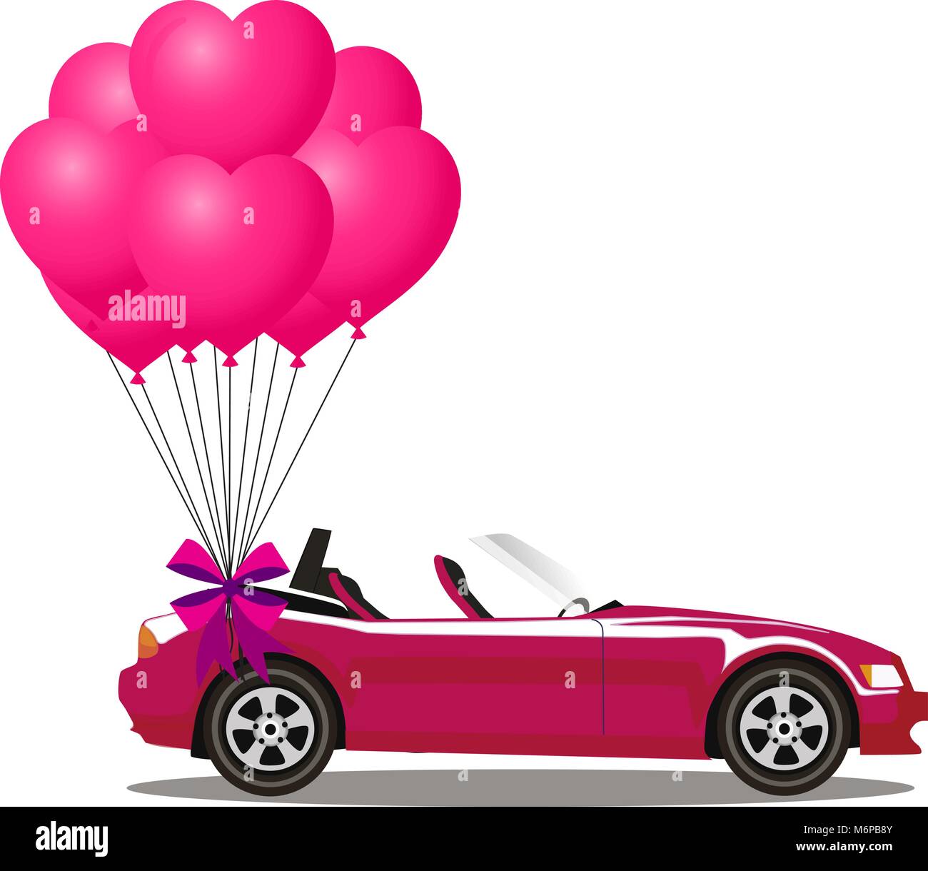 Pink modern opened cartoon cabriolet car with bunch of rose helium heart shaped balloons with festive bow isolated on white background. Sports car. Ve Stock Vector