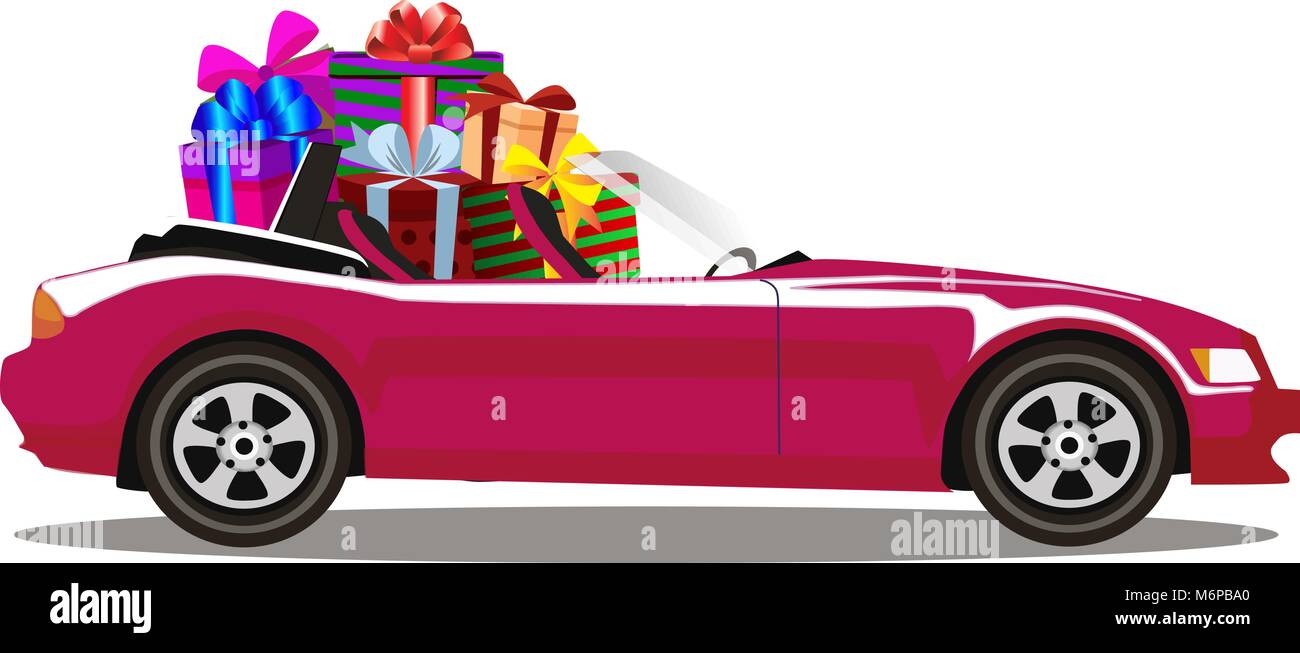 Purple modern cartoon cabriolet car full of gift boxes isolated on white background. Sport car. Vector illustration. Clip art. Stock Vector