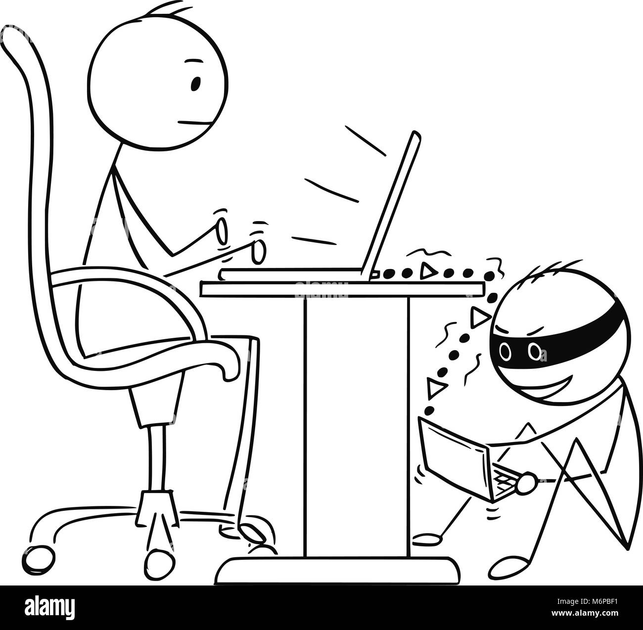 Cartoon of Man or Businessman Working on Computer While Hacker is Stealing His Data Stock Vector