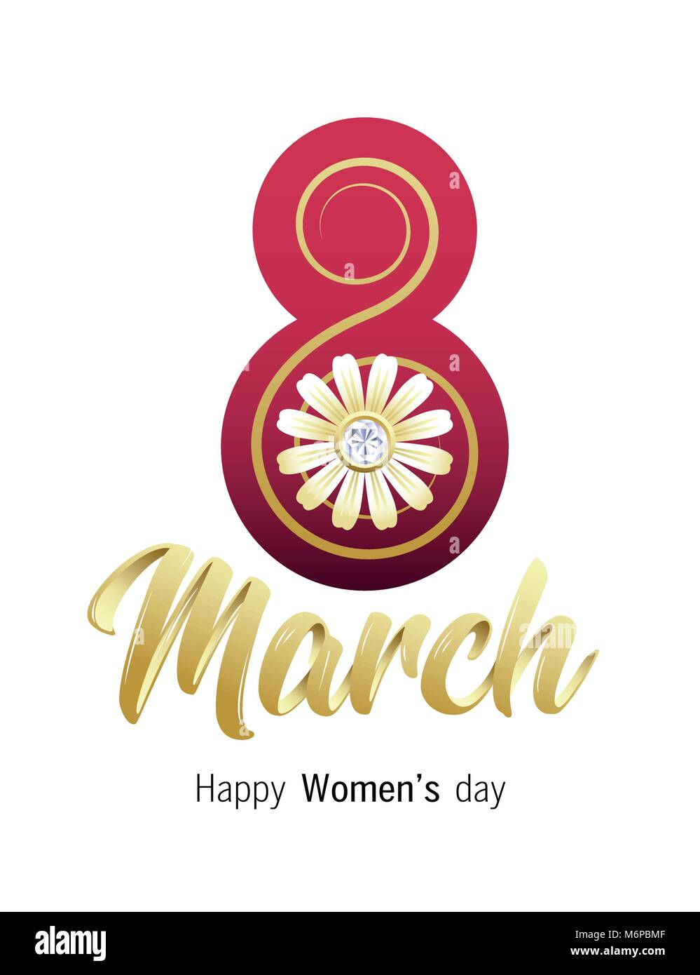 Happy Women's day. 8 March greeting card with elegant golden Hand lettering, chamomile flower and diamond stone. Vector illustration. Stock Vector