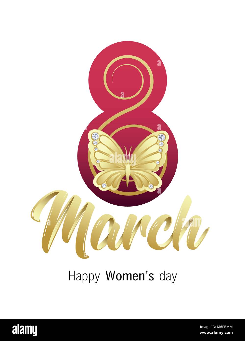 Happy Women's day. 8 March greeting card with elegant Hand lettering, golden butterfly and diamond stones. Vector illustration. Stock Vector