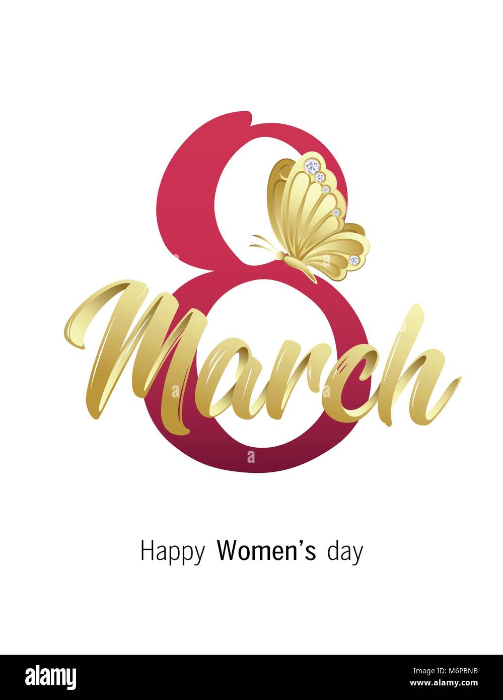 Happy Women's day. 8 March greeting card with elegant Handwritten Script, golden butterfly and diamond stones. Vector illustration. Stock Vector