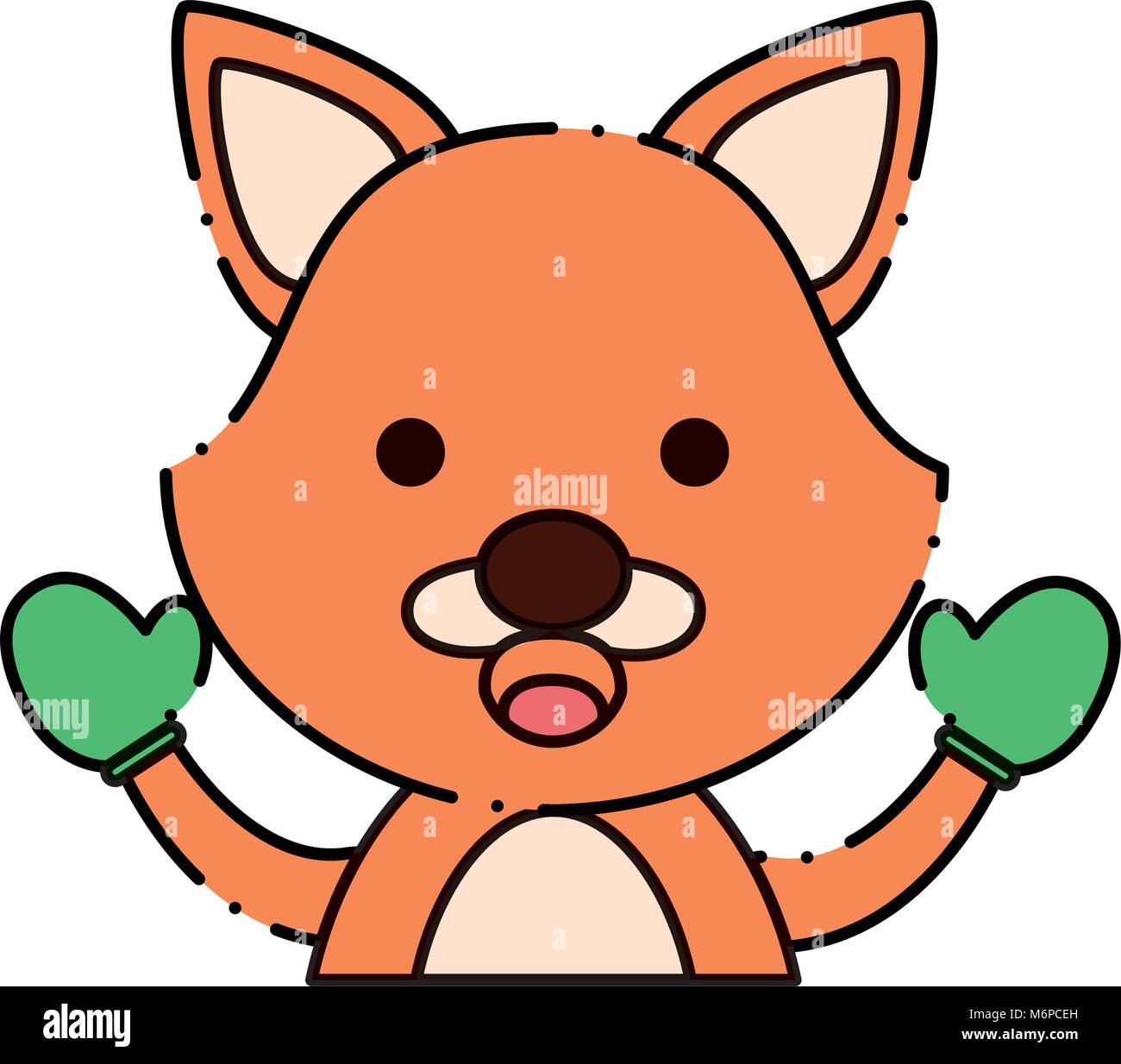 cute fox with green gloves over white background, colorful design