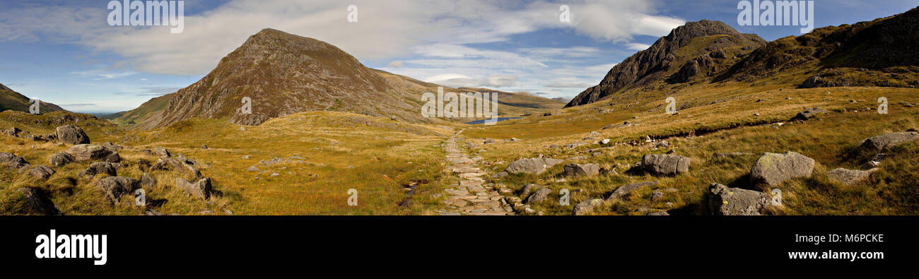 Panorama of mountains and rocky valley, Snowdonia, Wales Stock Photo