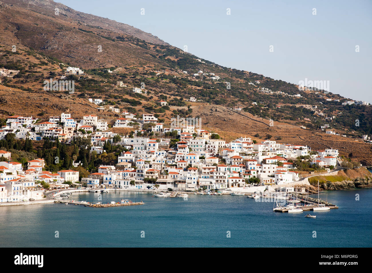 bay and view of Batsi village, Andros island, Cyclades islands, Aegean