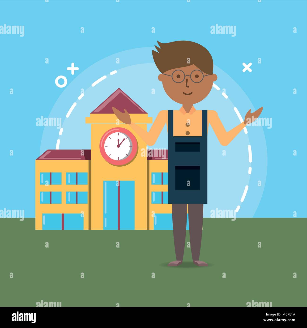 Step Intstructor Cartoon Cartoon teacher standing over school building, colorful design. vector ...