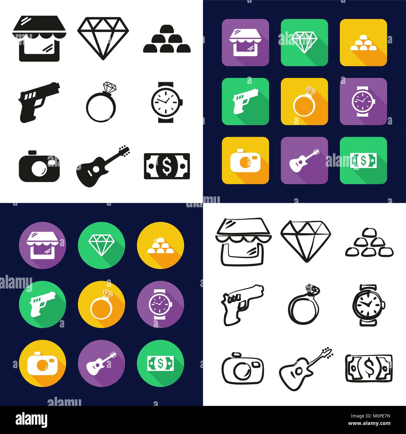 Pawn Shop All in One Icons Black & White Color Flat Design Freehand Set ...