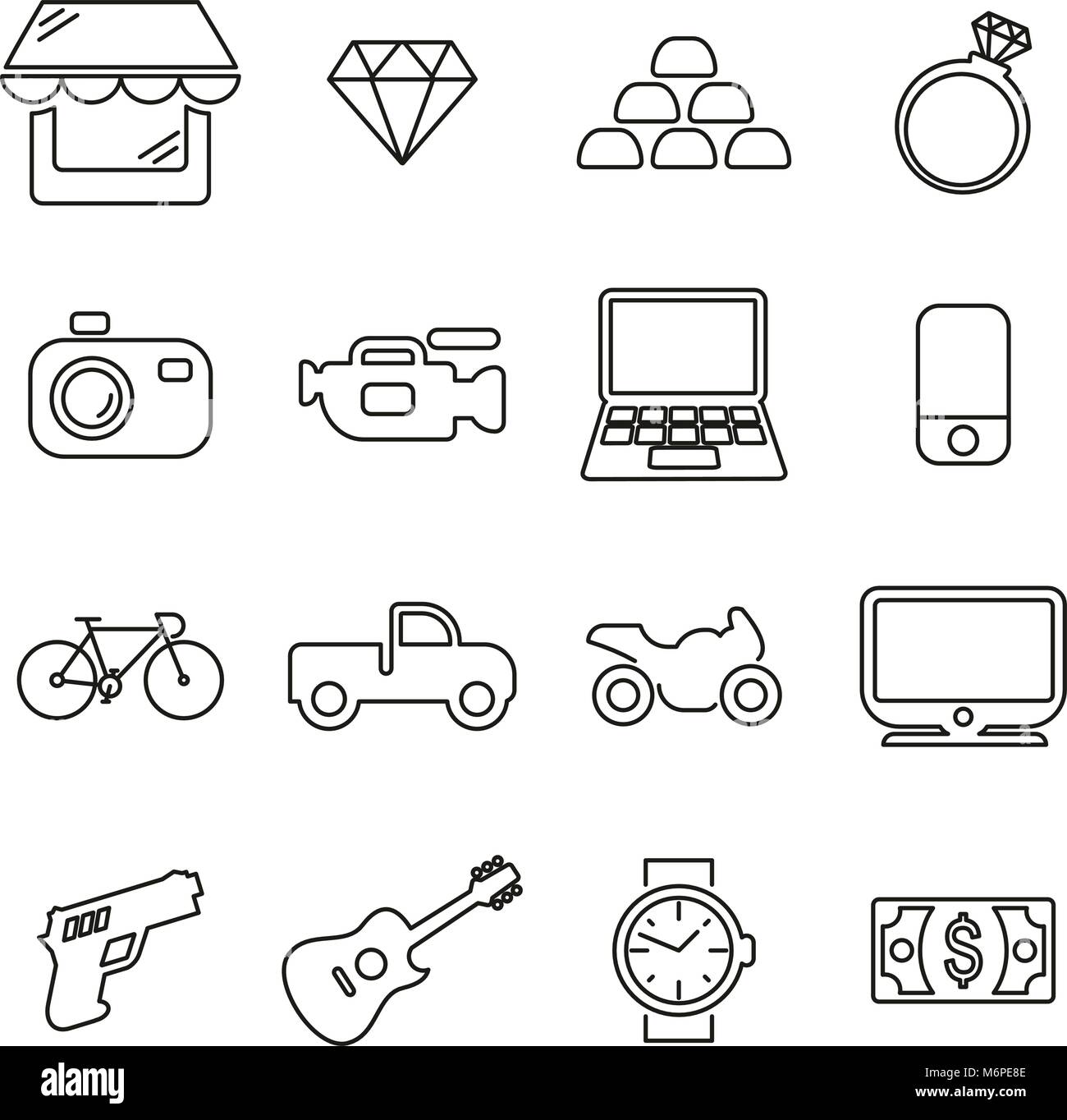 Pawn Shop or Second Hand or Thrift Store Icons Thin Line Vector ...