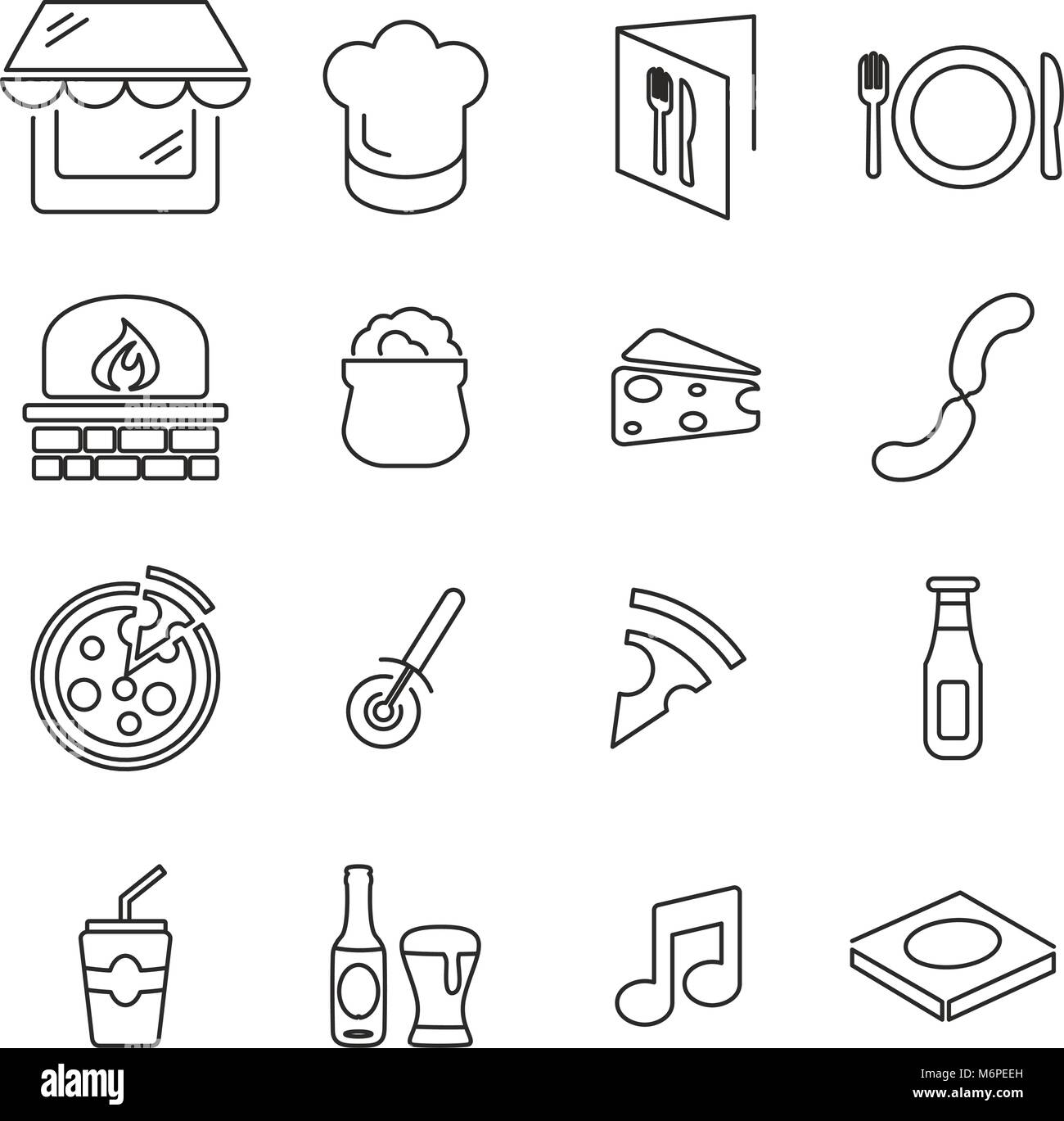 Pizzeria or Pizza Restaurant Icons Thin Line Vector Illustration Set