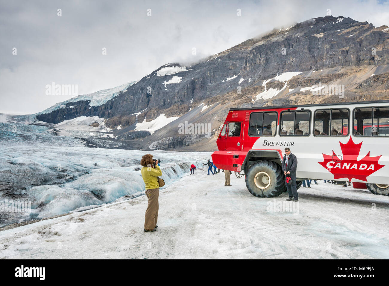 Visitors, snow coaches, at Athabasca Glacier, Jasper National Park, Alberta, Canada Stock Photo