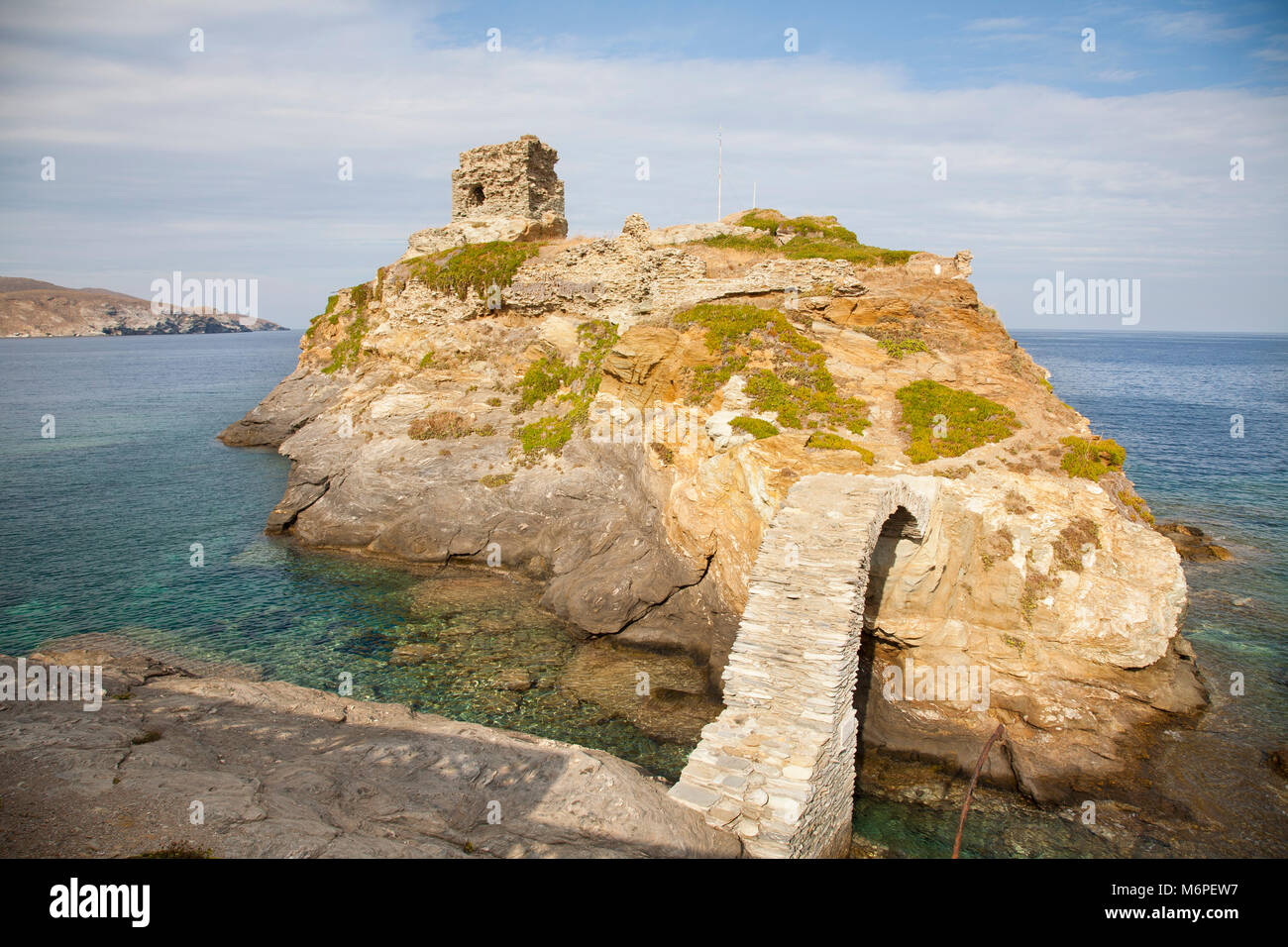 Venetian Castle and old bridge, Chora village, Andros island, Cyclades islands, Aegean sea, Greece, Europe Stock Photo