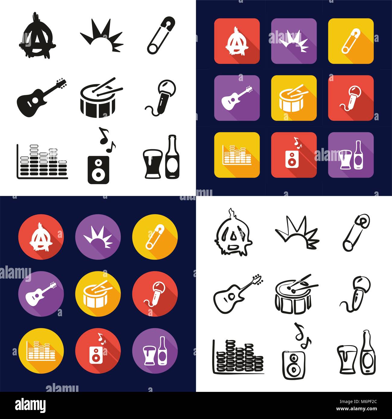 Punk All in One Icons Black & White Color Flat Design Freehand Set ...
