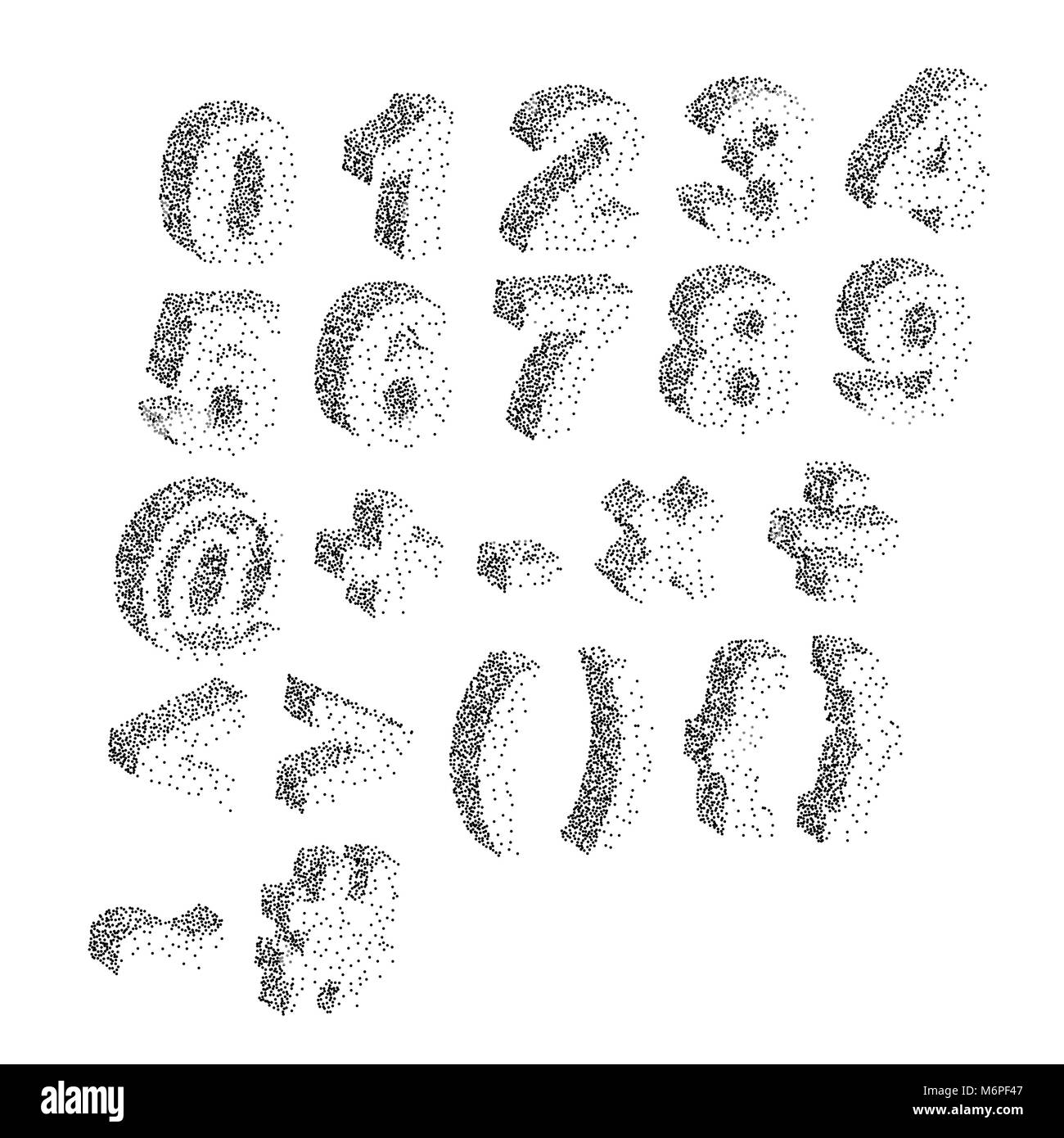 3D black white stipple dots texture font typographic letters alphabet and notation Stock Vector