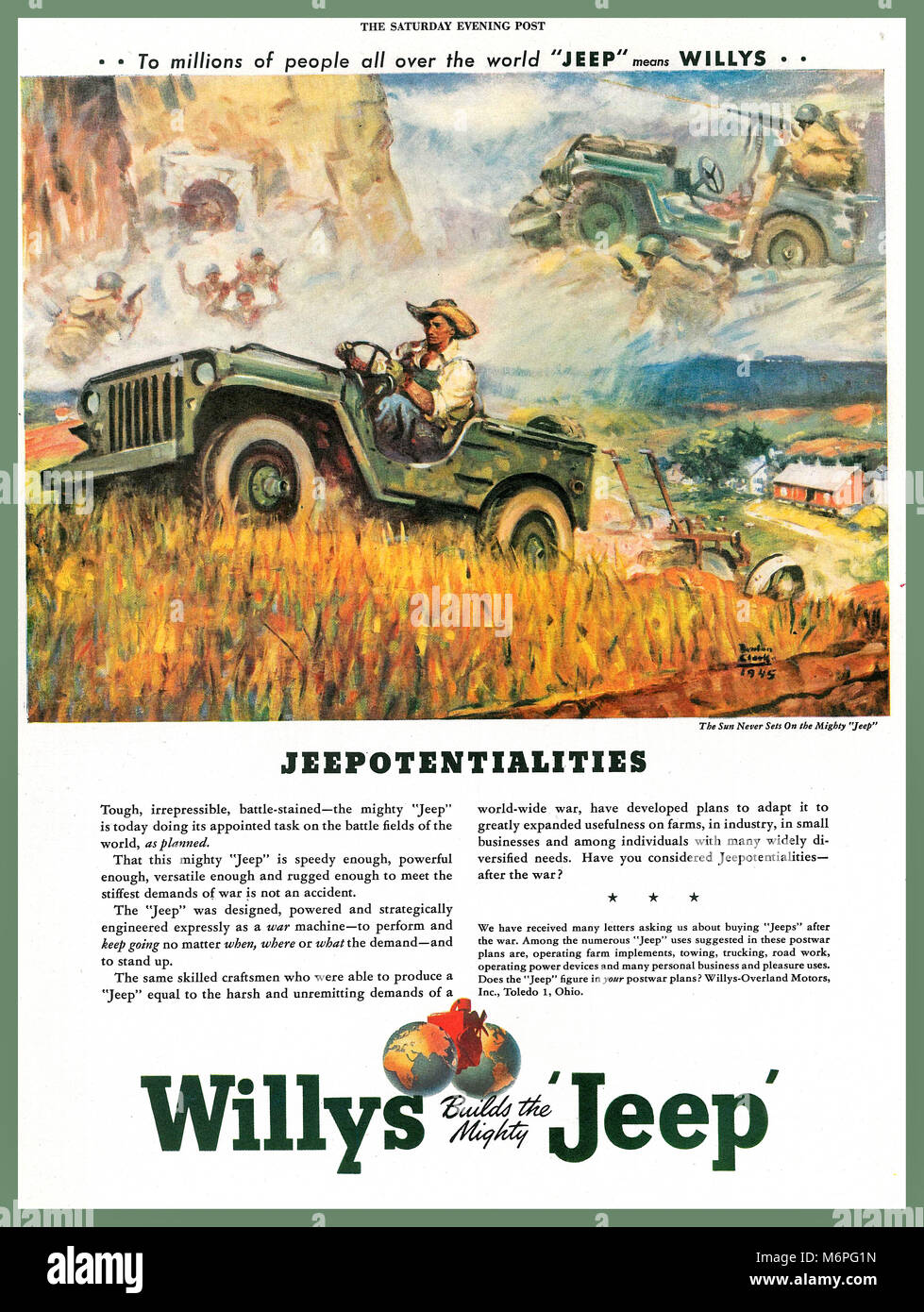 Vintage WW2 1940’s Magazine Advertising for the American Willys Jeep. Illustrating ‘ Jeepotentialities’ for a post-war farming USA Stock Photo