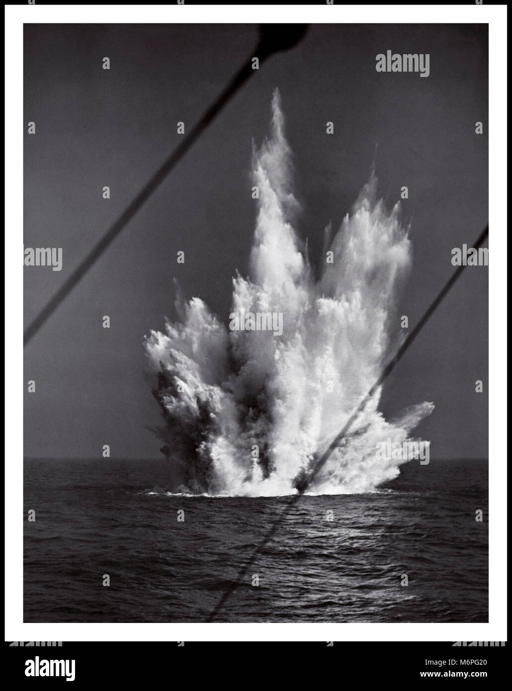 WW2 Depth Charge exploding in the hunt for German U-Boats in Battle of the Atlantic. 1940’s The Germans lost 783 U-boats and 30,000 sailors, while the Italians lost 500 sailors and 17 submarines. The outcome of the battle was a strategic victory for the Allies. Stock Photo