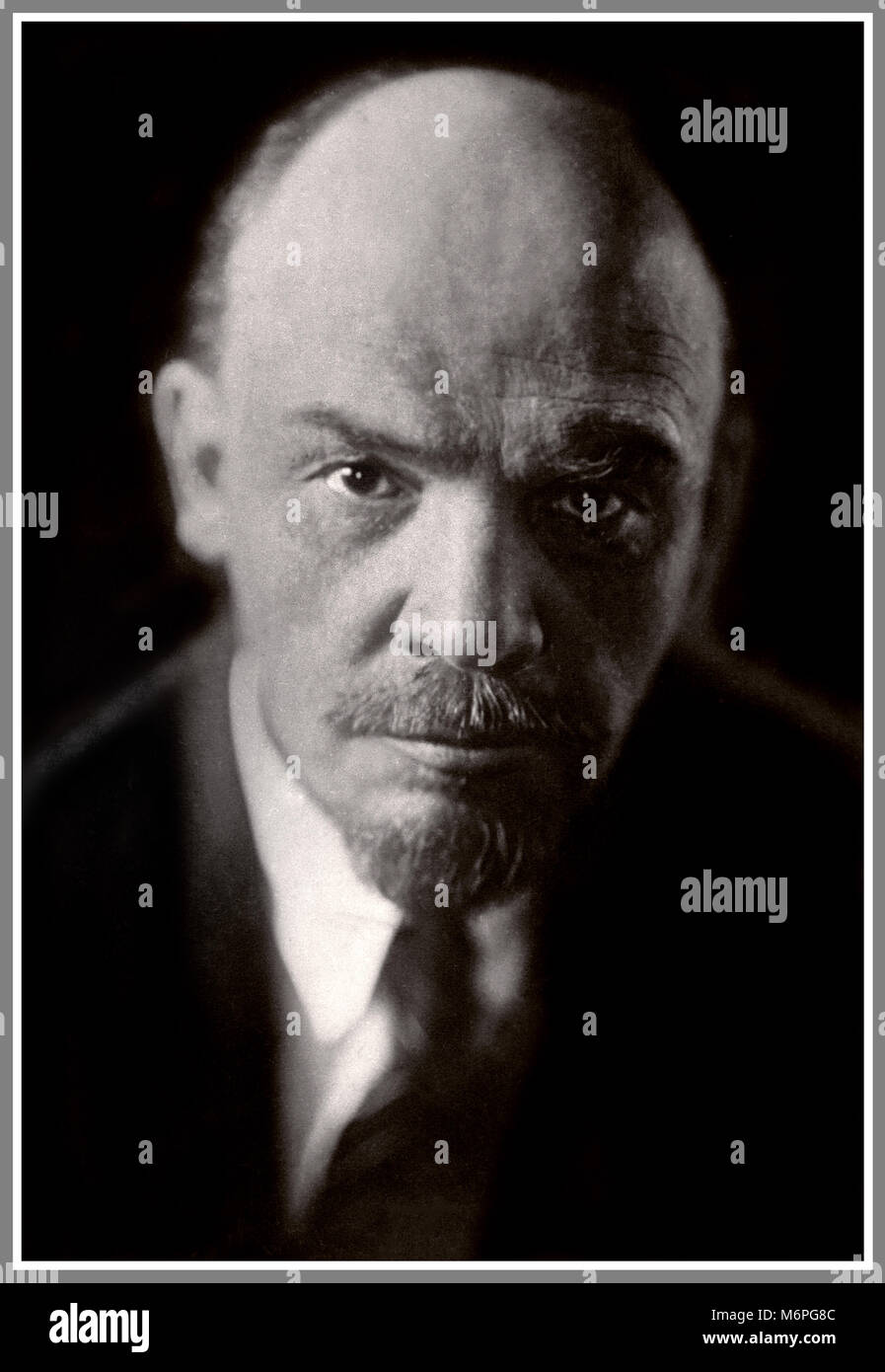 LENIN PORTRAIT powerful carefully restored image of the revolutionary birth named Vladimir Ilyich Ulyanov, a Russian communist revolutionary, politician and political theorist. He was head of the government of Soviet Russia from 1917 to 1924 and of the Soviet Union from 1922 to1924. Stock Photo