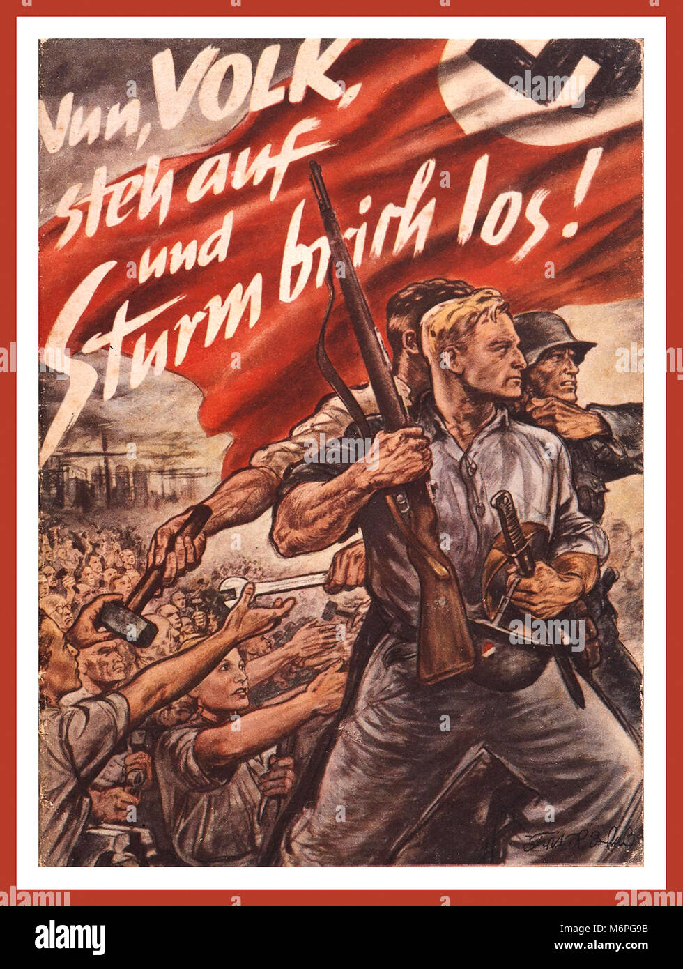 Vintage Nazi German WW2 Propaganda Poster quoting Nazi Minister Joseph Goebbels historic 'Total War' speech  'Now Nation arise and let the Storm break loose!” Nazi Swastika Flag Berlin Germany 1943 World War II Stock Photo