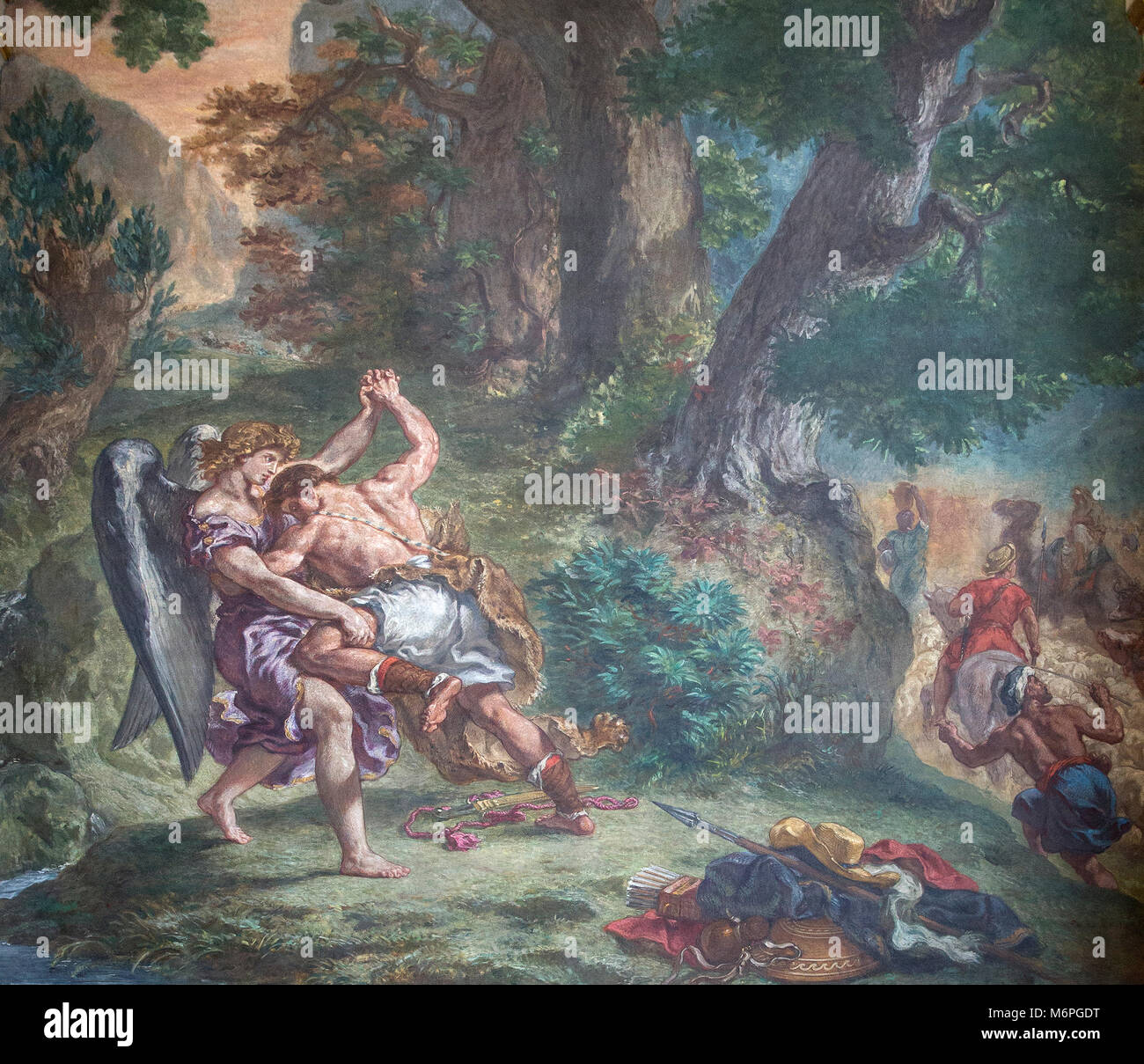 Detail in a 19th century Eugene Delacroix mural painting of Jacob wrestling with the Angel.  The painting is located in the Chapel of Holy Angels in t Stock Photo