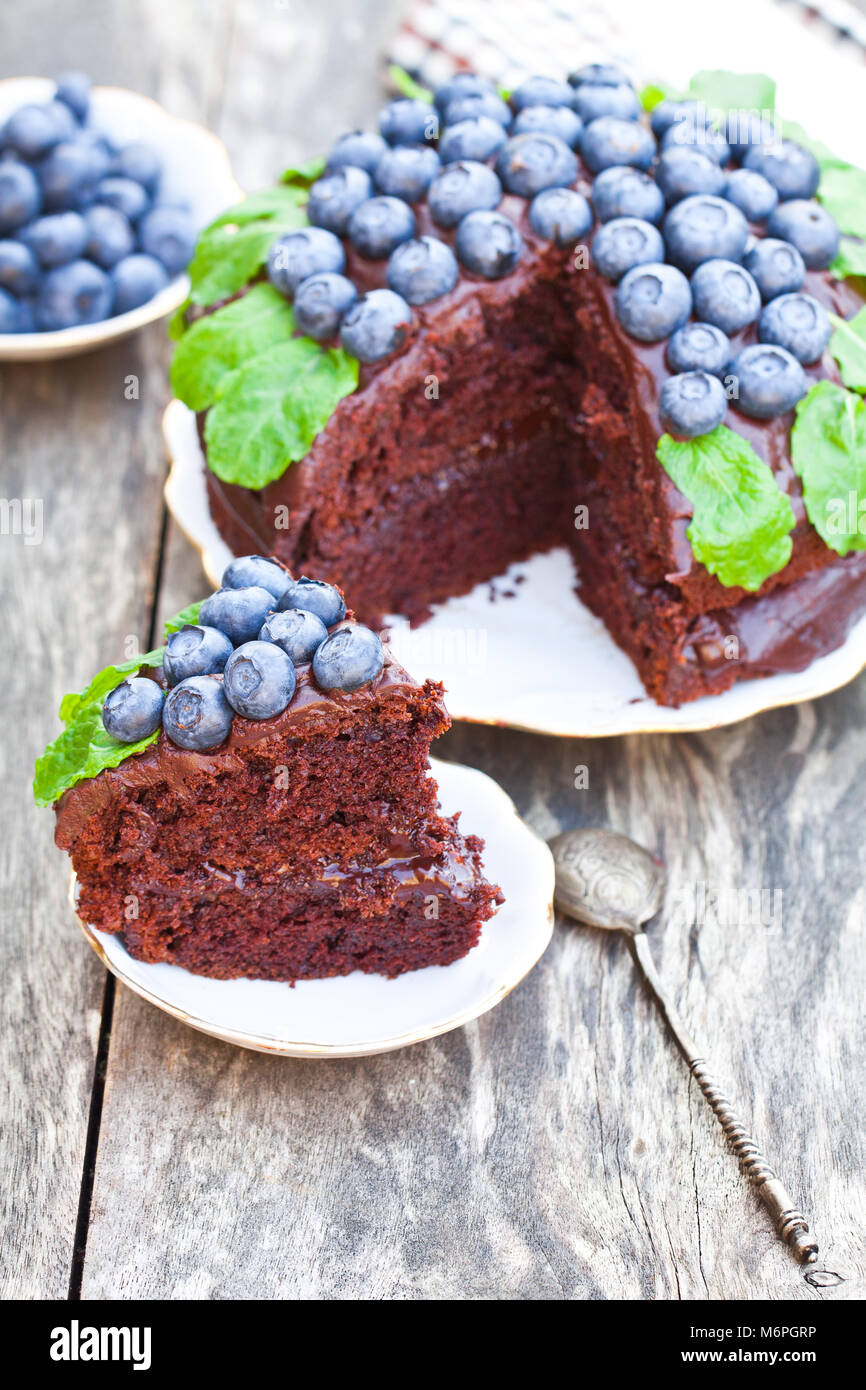 Chocolate cake with chocolate cream and fresh blueberries and mint ...
