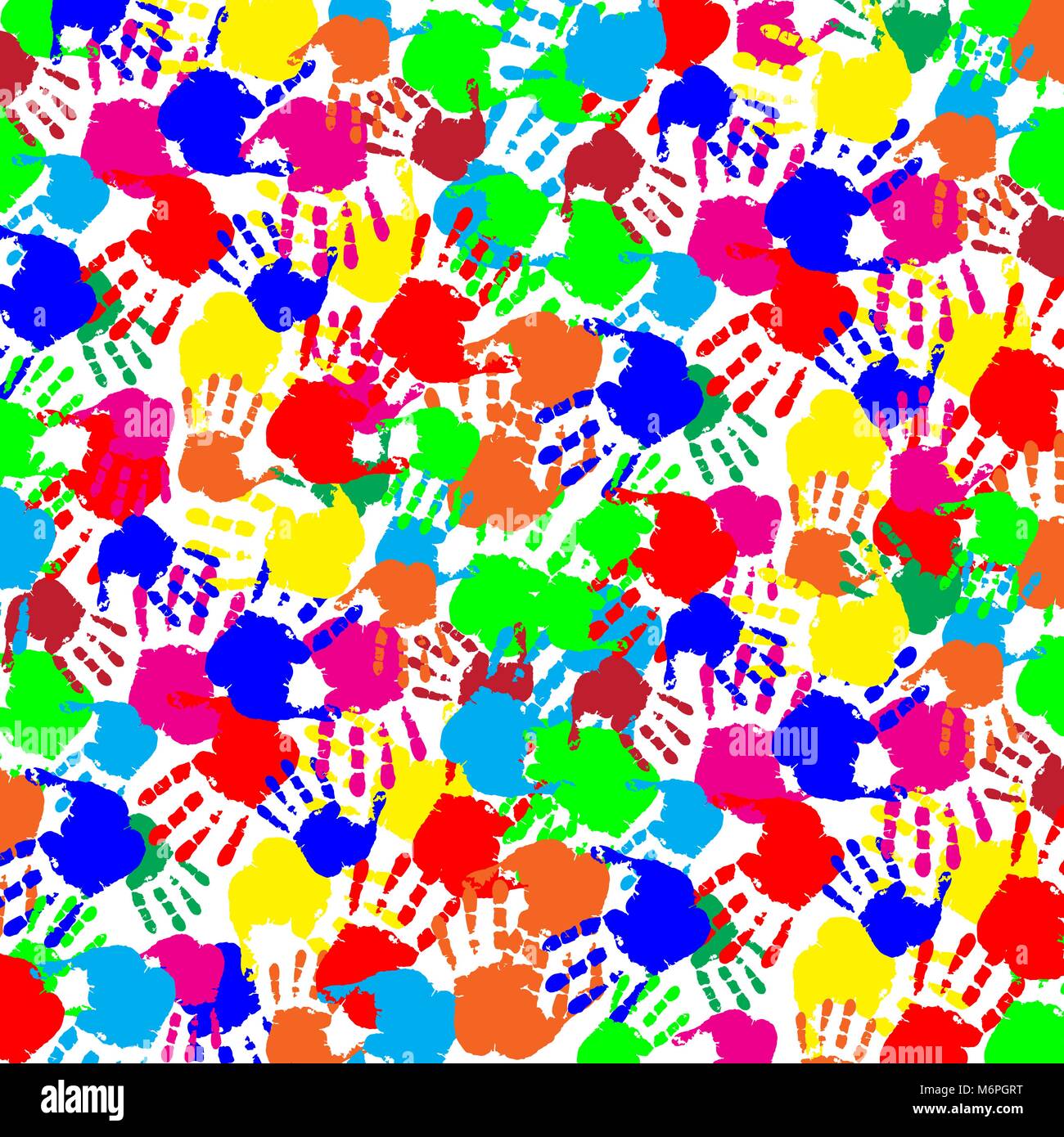 Vibrant abstract colorful slapped background with multicolored human's handprints on white backdrop. Vector festive fingerprint square template, poste Stock Vector