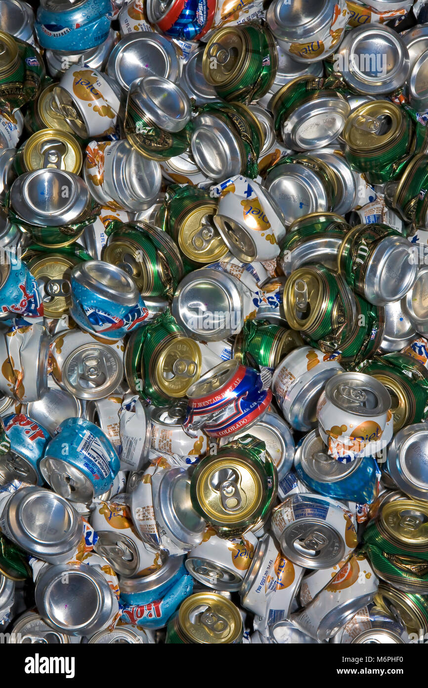Individually crushed aluminum cans for recycling. Crushed cans take up