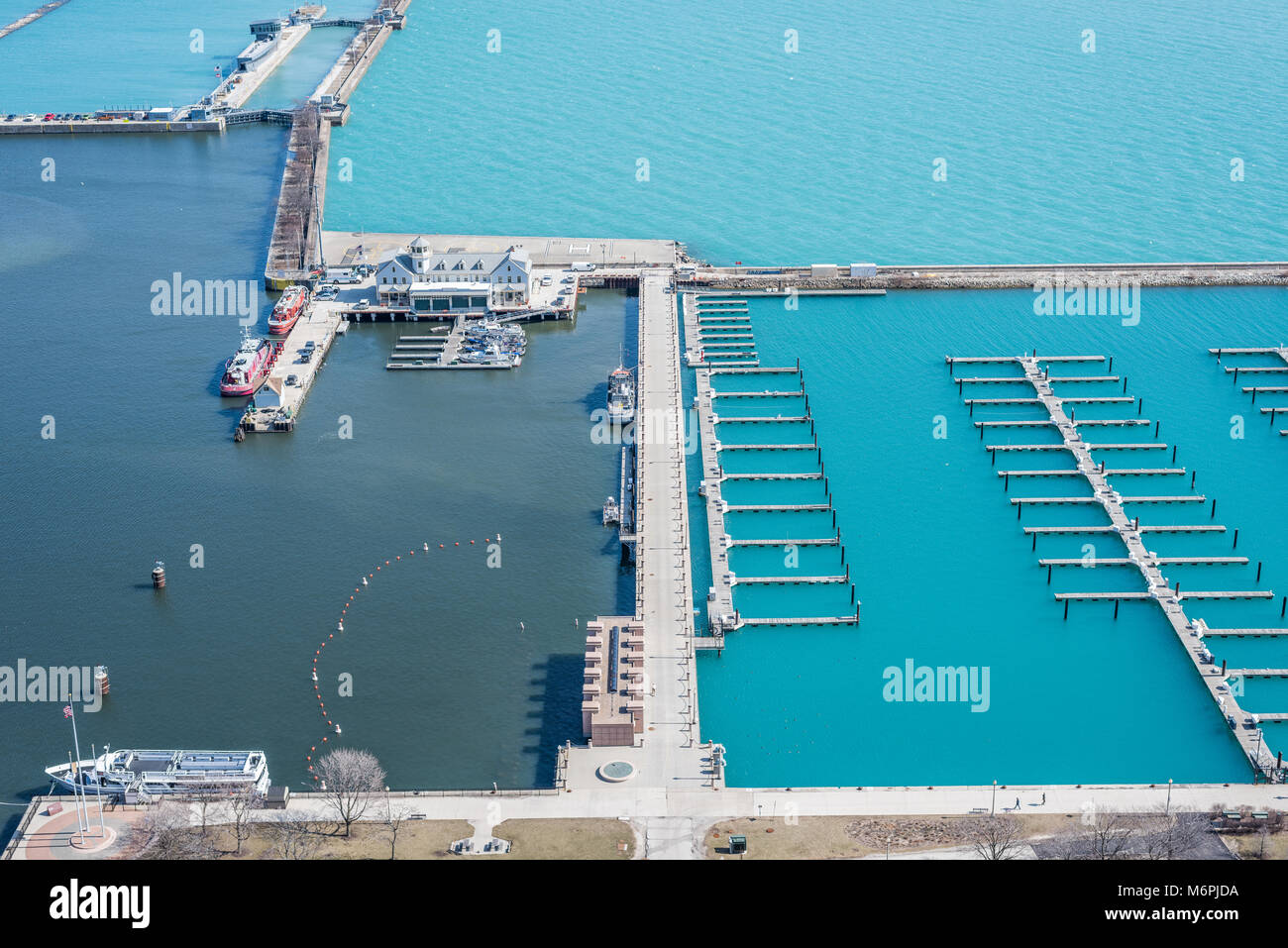 Aerial view of DuSable harbor where the Chicago River meets Lake Michigan Stock Photo