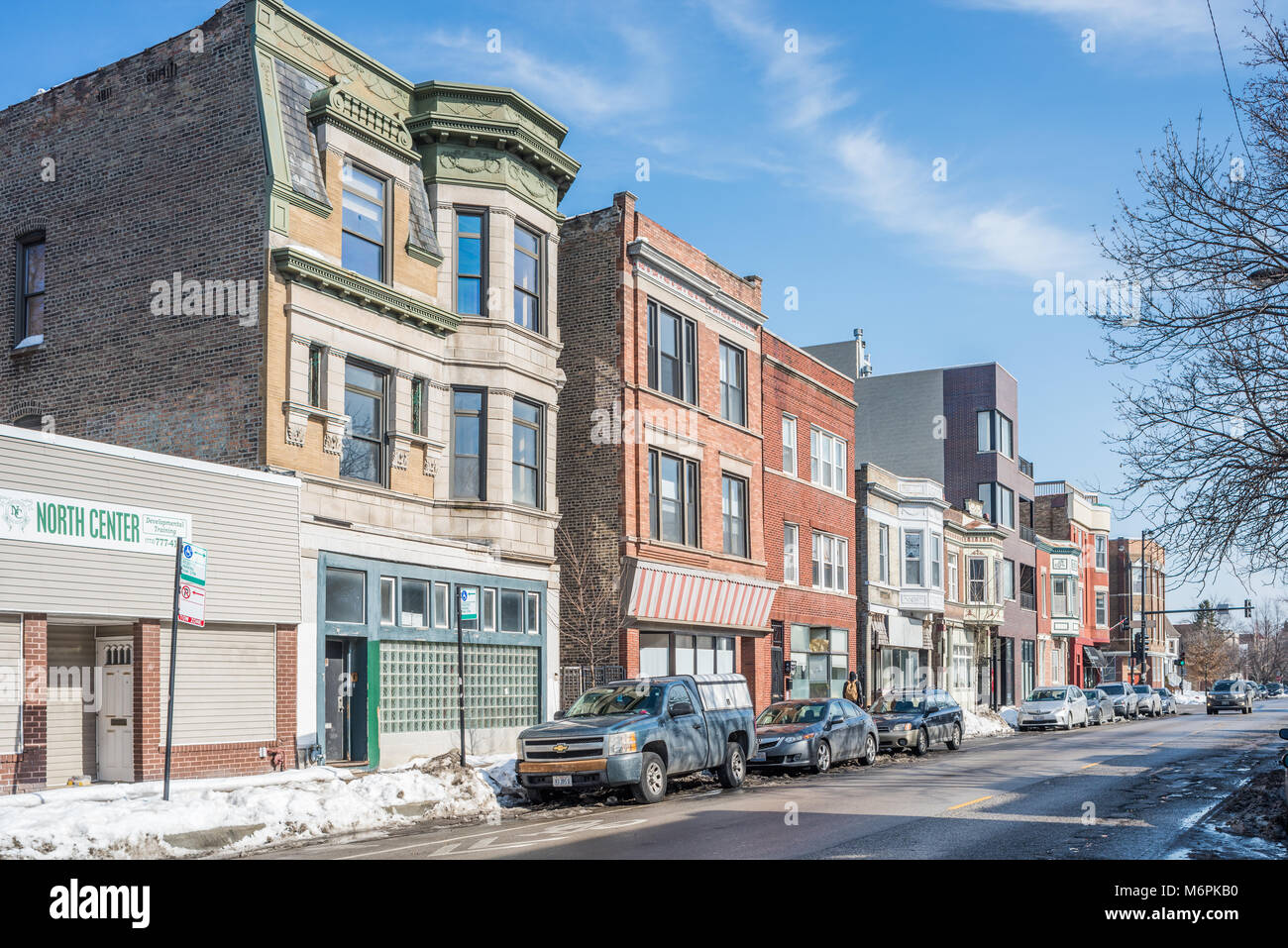 Mixed-use commercial buildings in the Logan Square - Kosciuszko Park neighborhood Stock Photo