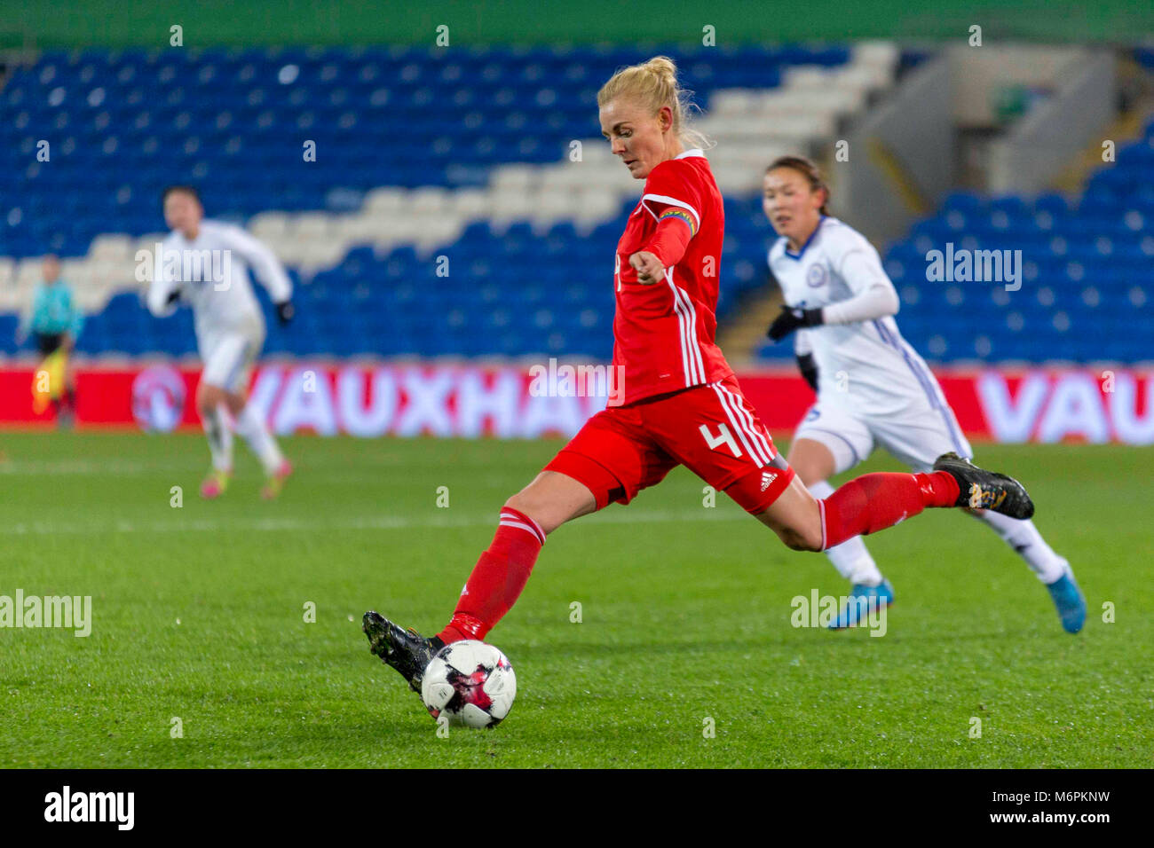 CARDIFF, UNITED KINGDOM. 24 November 2017. Wales women's national football team captain Sophie Ingle kicking the ball in a match against Kazakhstan. Stock Photo