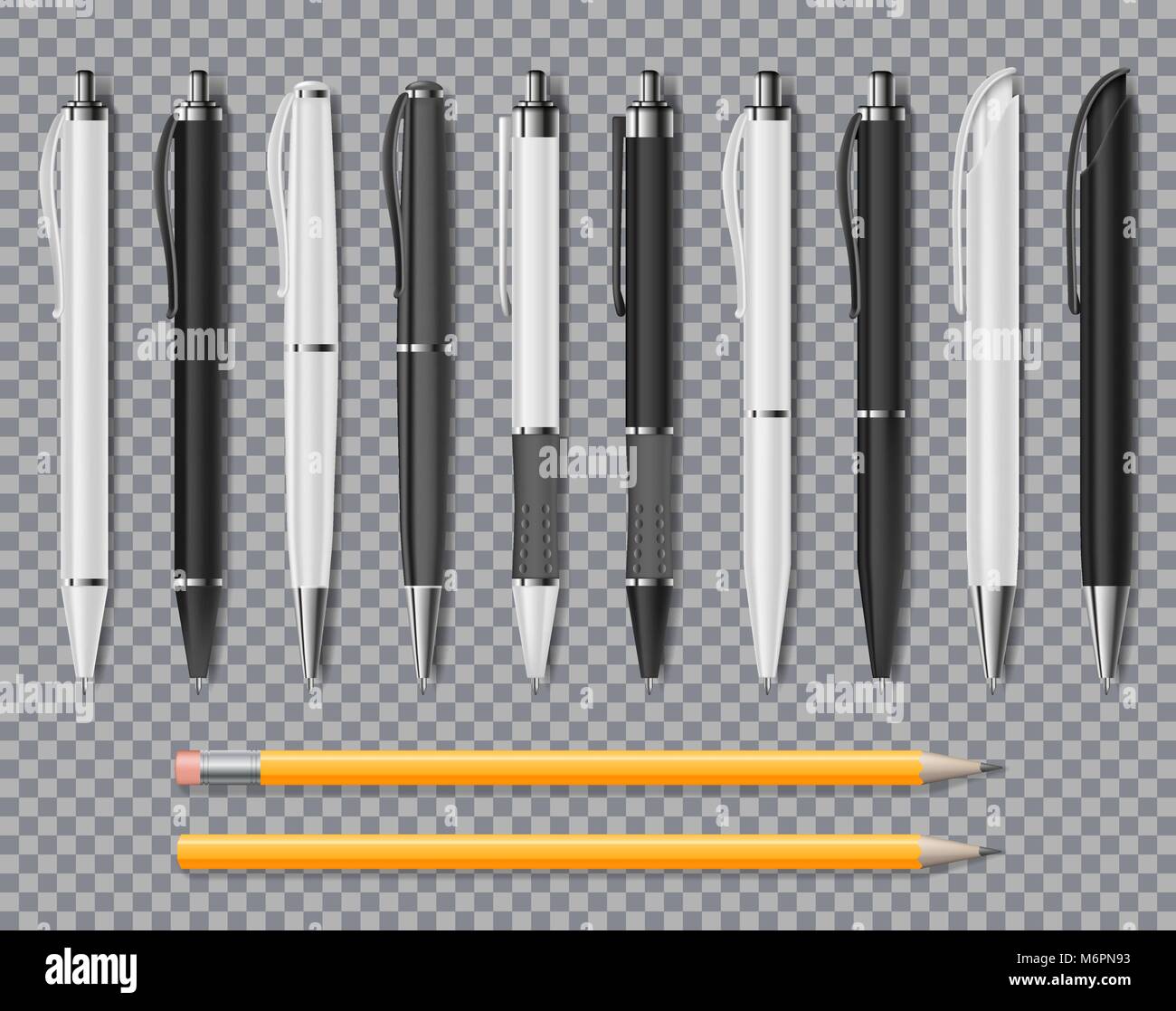 Set of Realistic office Elegant pens and pencil isolated on transparent background. Office Blank