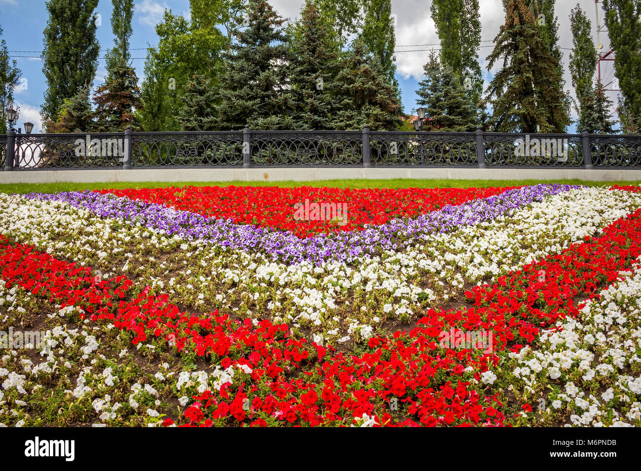 Large flower bed and trees,flower bed with flowers in the park Stock ...