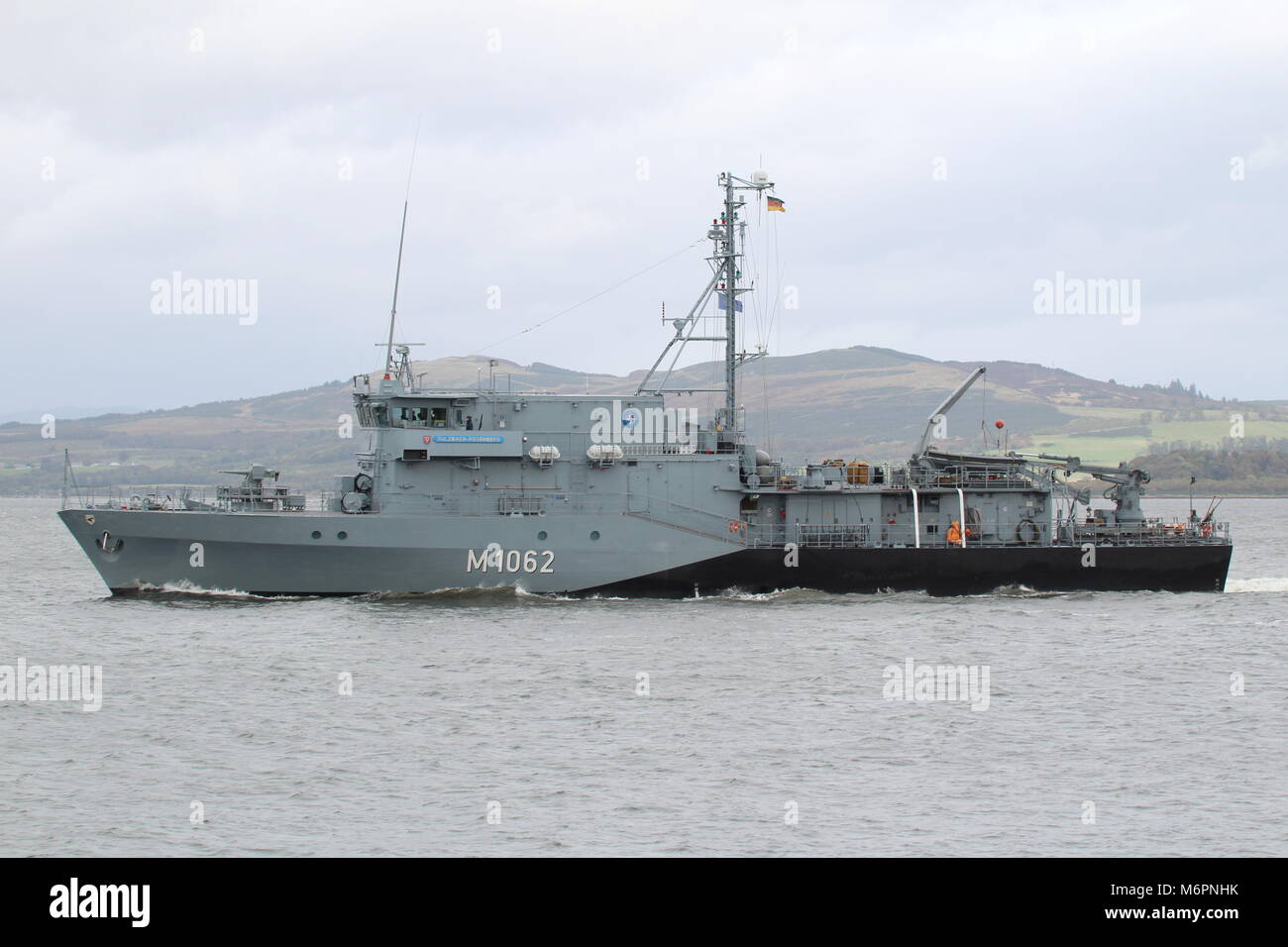 FGS Sulzbach-Rosenberg (M1062), a Frankenthal-class minehunter from the German Navy, passing Greenock at the start of Exercise Joint Warrior 17-2. Stock Photo
