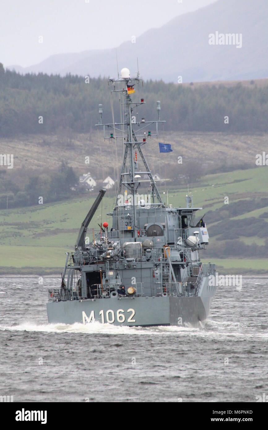FGS Sulzbach-Rosenberg (M1062), a Frankenthal-class minehunter from the German Navy, passing Greenock at the start of Exercise Joint Warrior 17-2. Stock Photo