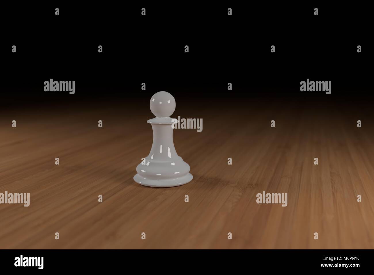 White chess pawn on wood, with black in the background Stock Photo