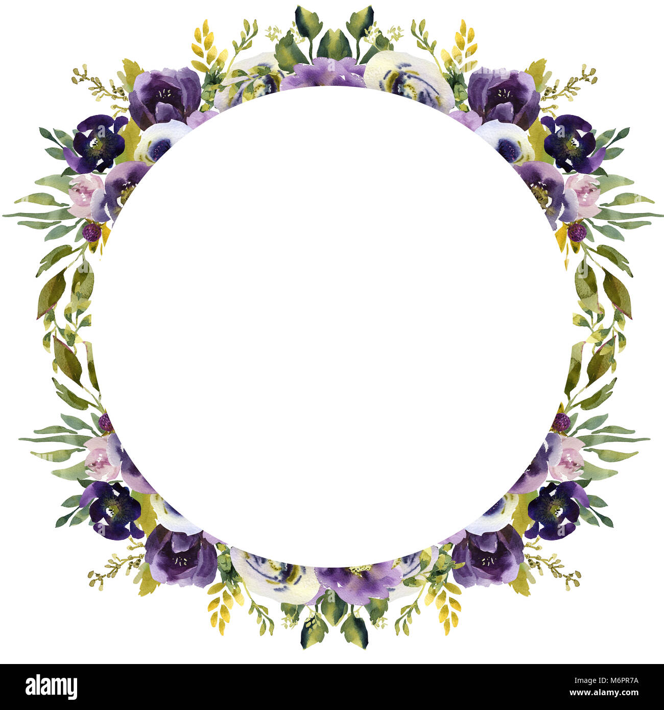 Wedding frame wreath green and purple flowers ornament Stock Photo Alamy