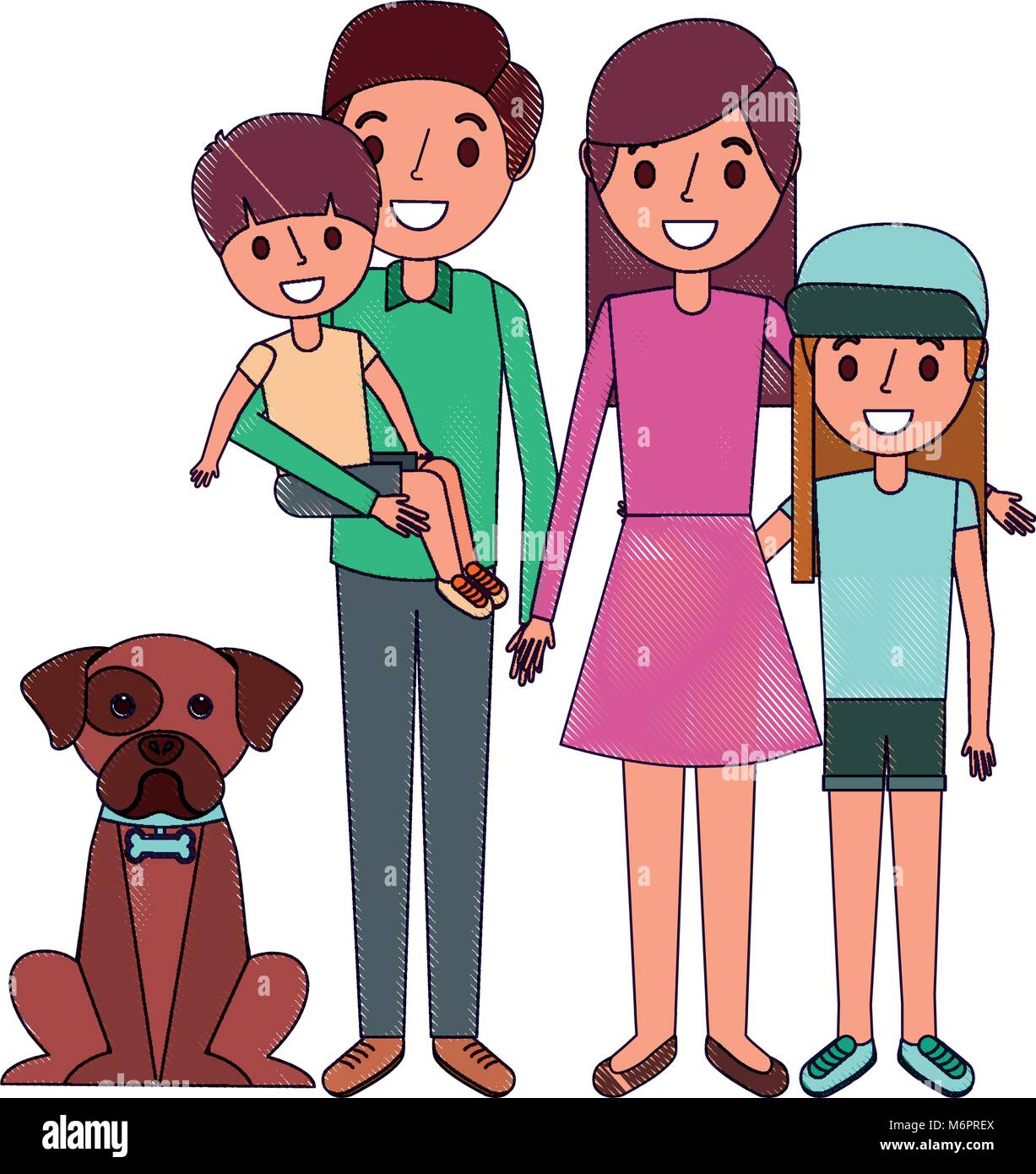 cute family dad mom little son and daughter their dog vector ...