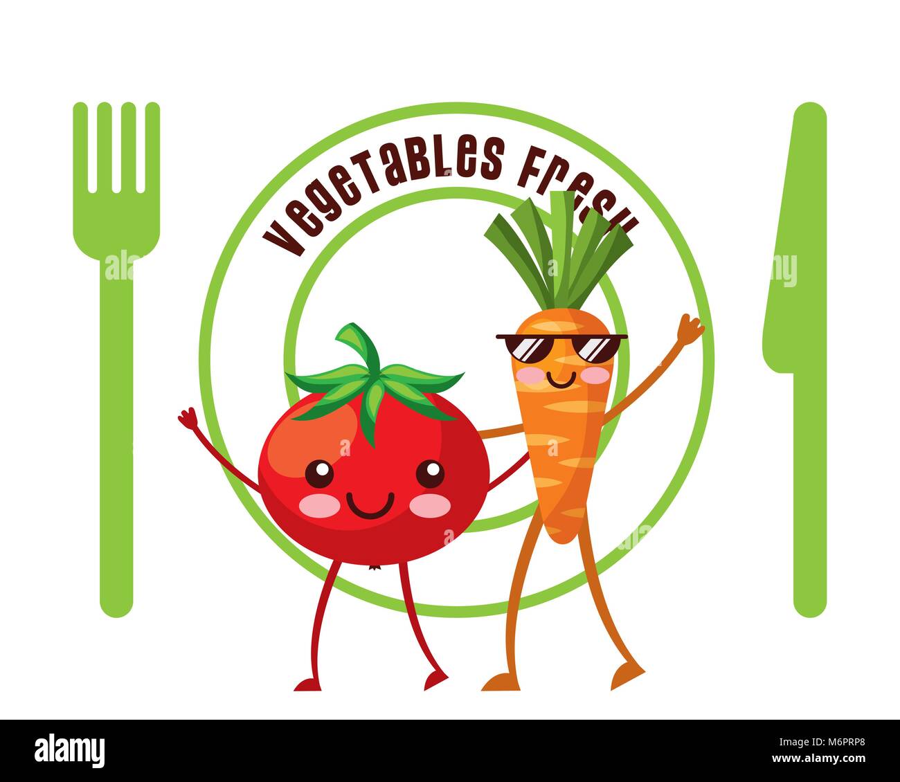 vegetables fresh kawaii tomato and carrot fork and knife diet vector ...