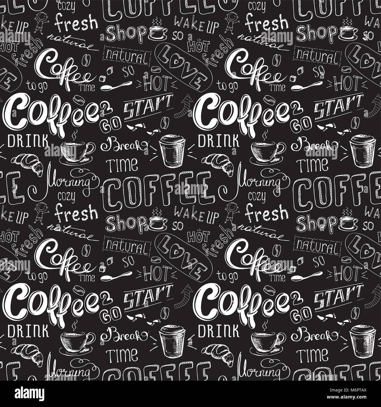 seamless doodle coffee pattern on black background ,hand drawn, stock ...