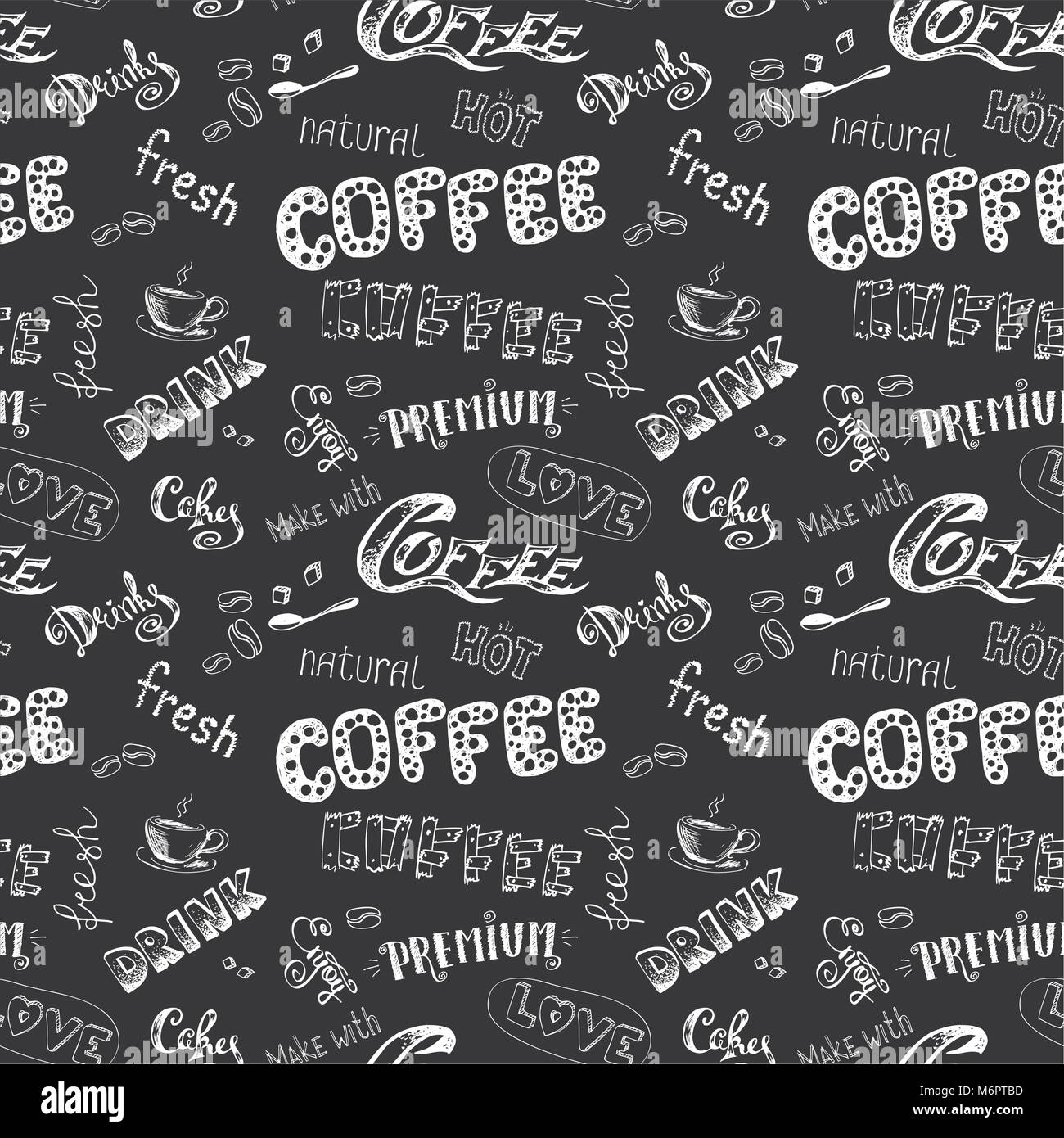 seamless doodle coffee pattern on black background ,hand drawn, stock ...