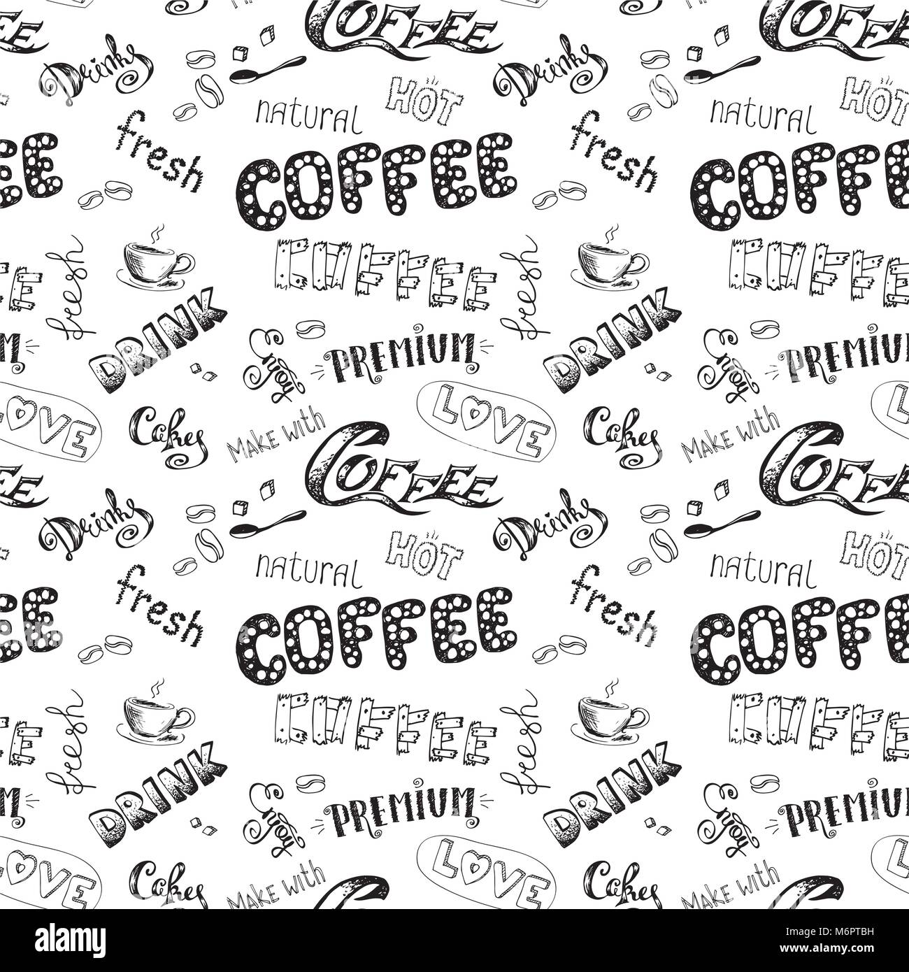 seamless doodle coffee pattern on white background ,hand drawn, stock ...