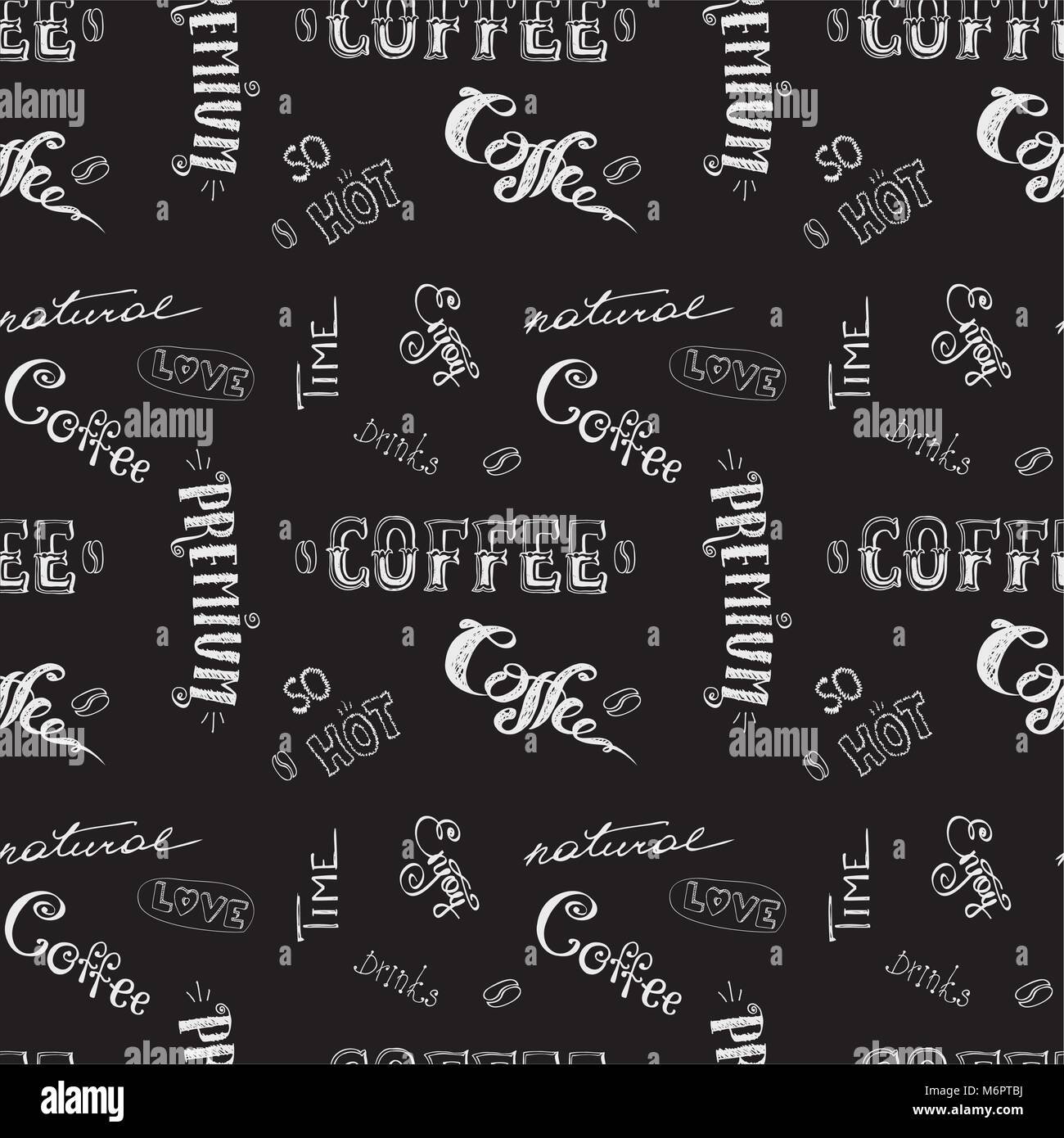 seamless doodle coffee pattern on black background ,hand drawn, stock ...