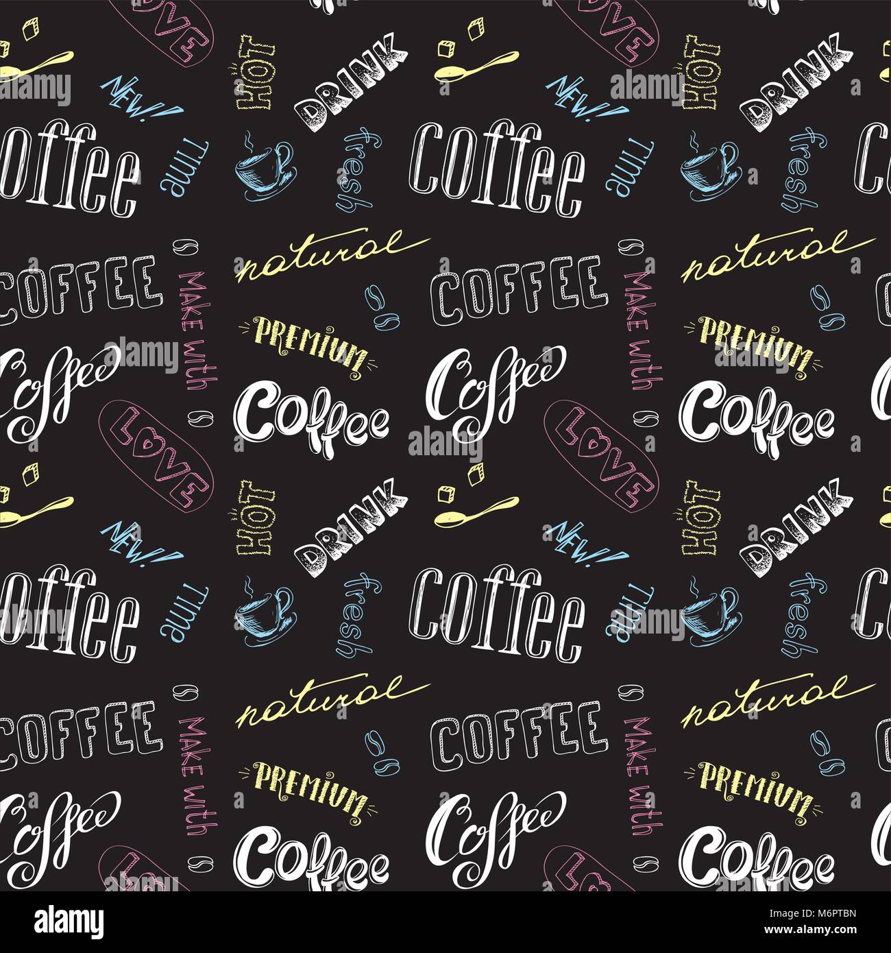 seamless doodle coffee pattern on black background ,hand drawn, stock ...