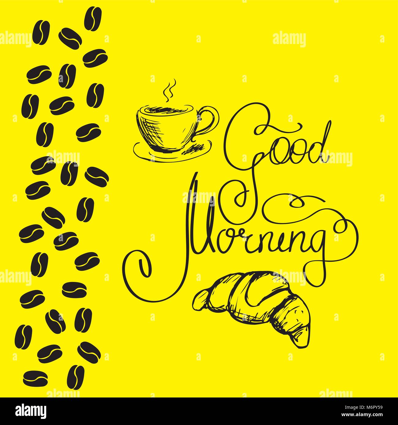 Good morning lettering with coffee cup and croissant, black on ...