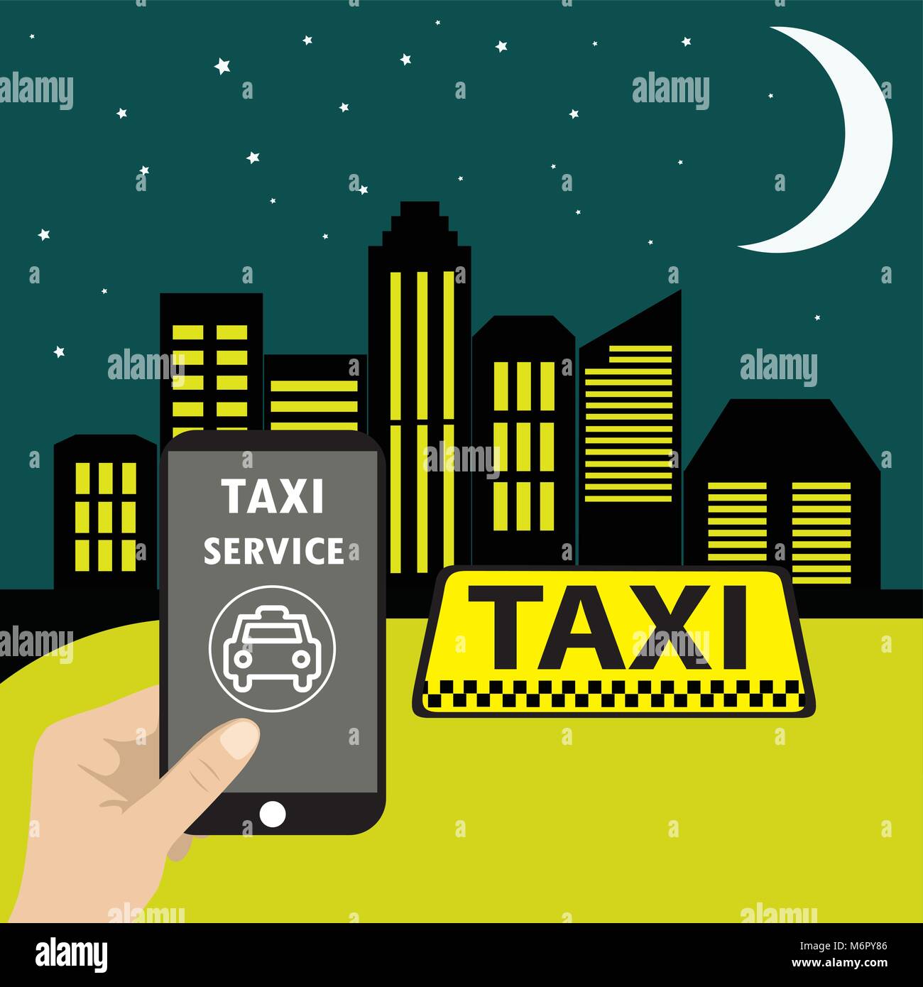 Phone with interface taxi on a screen. Mobile application. Flat vector illustration for business, info graphic, banner, presentations. Stock Vector